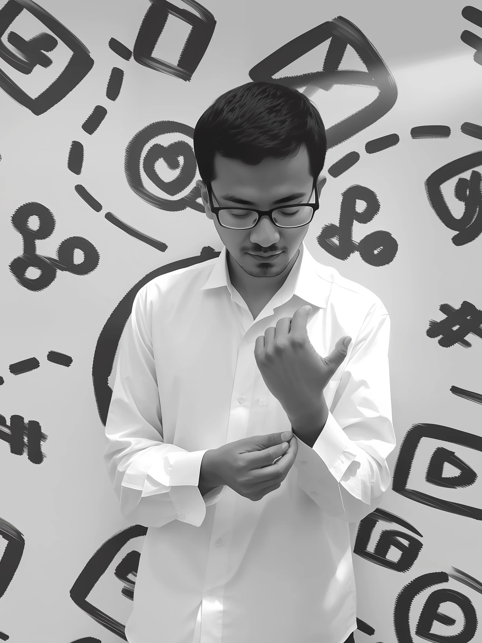 arafed man in glasses and a white shirt standing in front of a wall with a pattern, inspired by Ding Yunpeng, mohamed chahin, smooth in _ the background, inspired by Luo Ping, nivanh chanthara, random artist, inspired by Ding Guanpeng, with index finger, b&w photo, mohamed chahin style