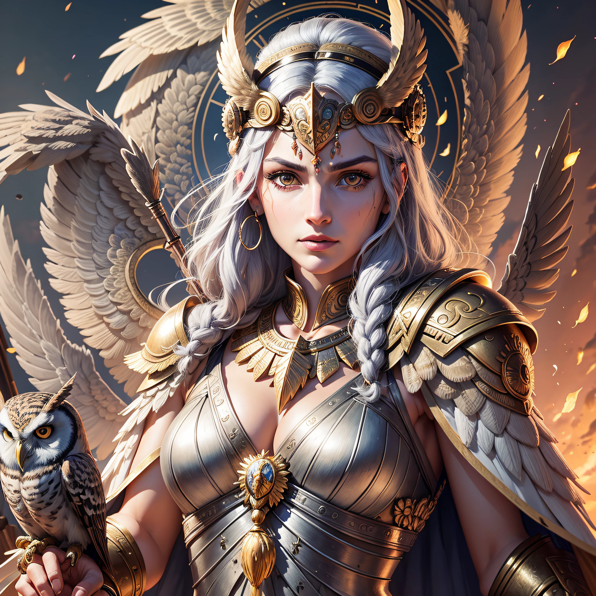Athena, goddess, Athena, detailed face, warrior woman with a spear in her hand and an owl on her shoulder, Ancient Greece, owl on shoulder, Detailed owl, highest quality, highly detailed, 8K --auto --s2