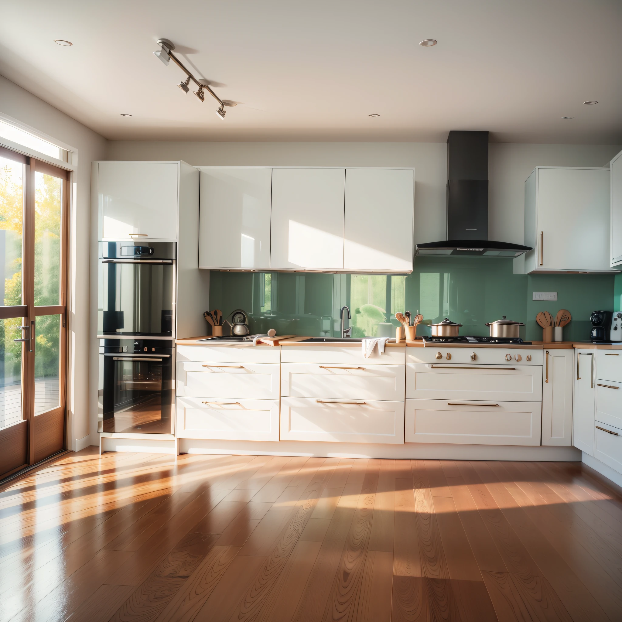 There is a kitchen with a wooden counter and a window, house kitchen on a sunny day, wooden cabinets, minimal kitchen, bright render, bright window lit kitchen, cabinets, small kitchen, kitchen, elegant render, wooden details, simple clean lines, render vray, luxury bespoke kitchen design, cabinets, asymmetrical design, highly photographic render, modern look. A person using the kitchen --auto --s2