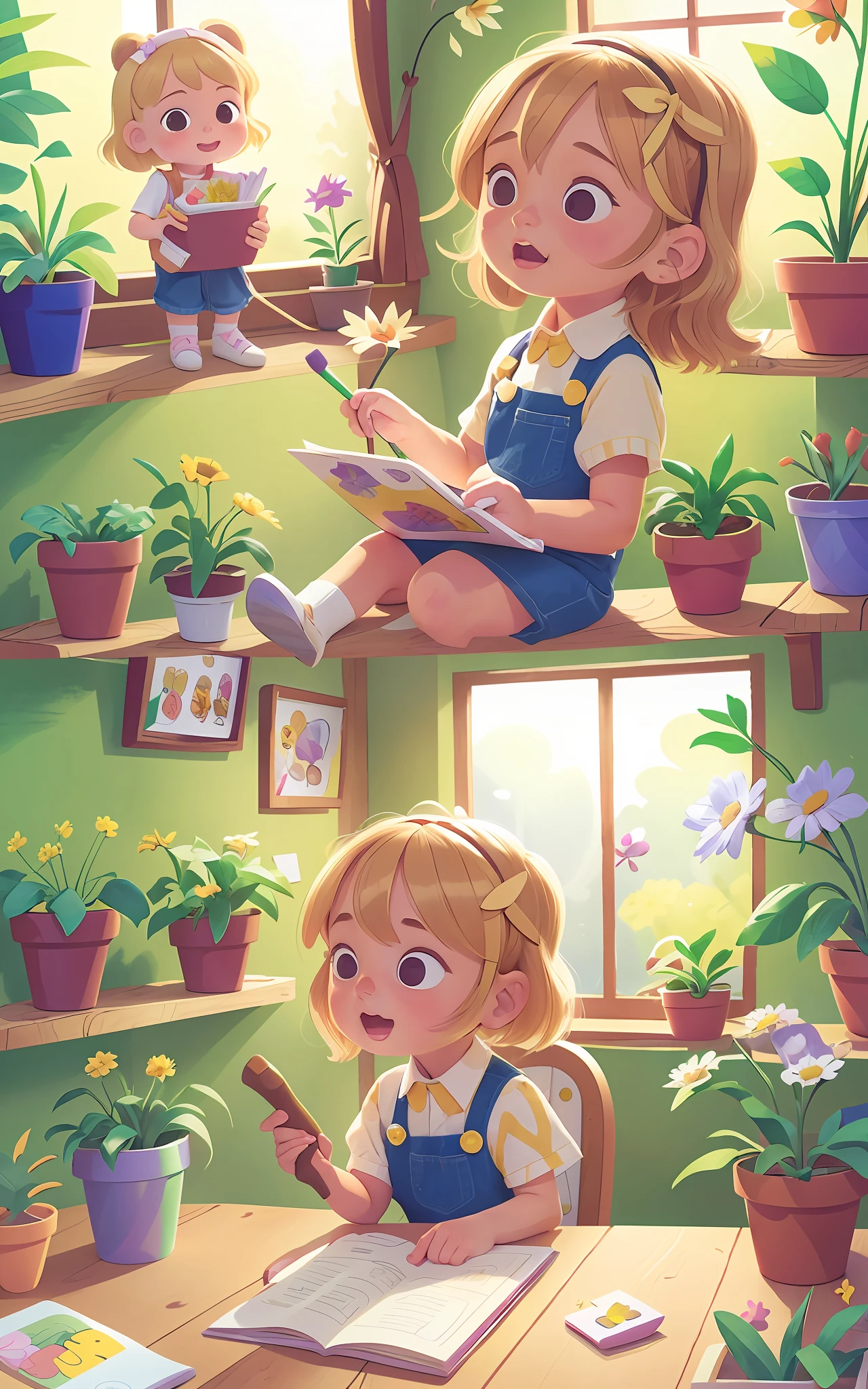 5--old l, blonde, wearing gardener's clothes, growing plants and a flower garden, drawing type comic books, comics, children's literature.