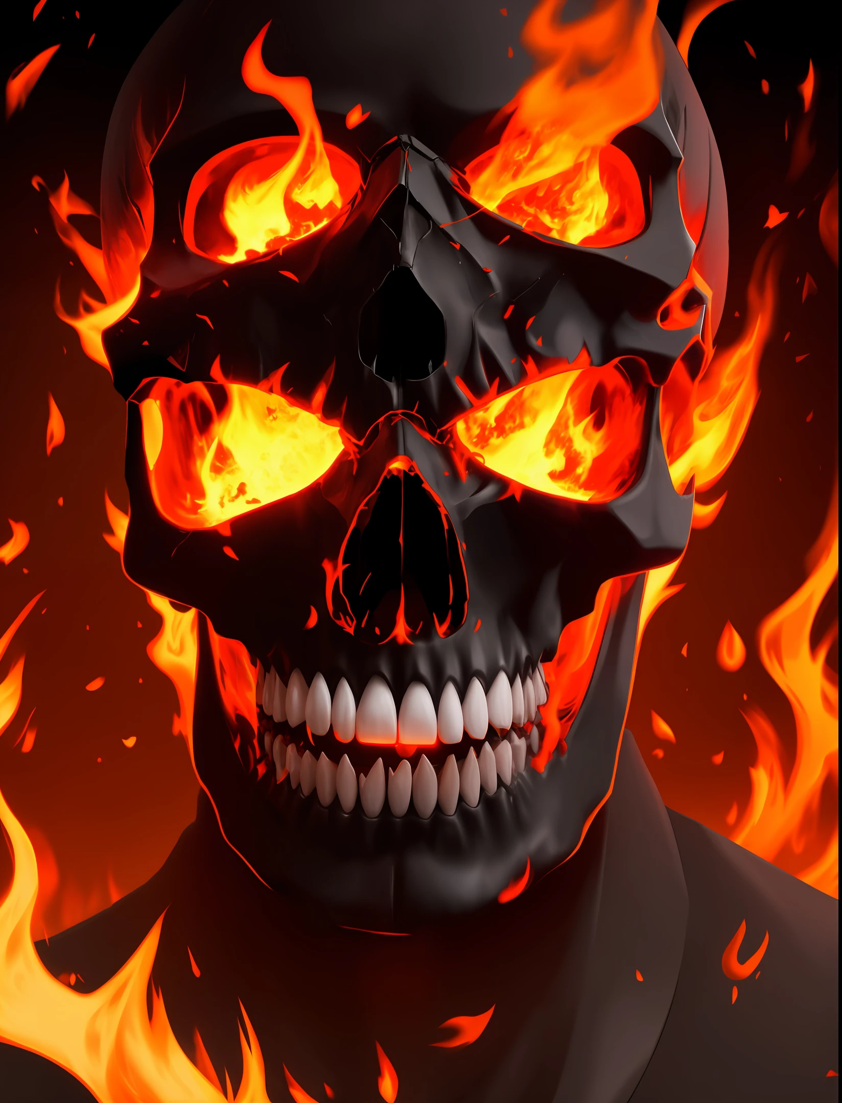 Skull with lava vampire teeth, fire lights up face