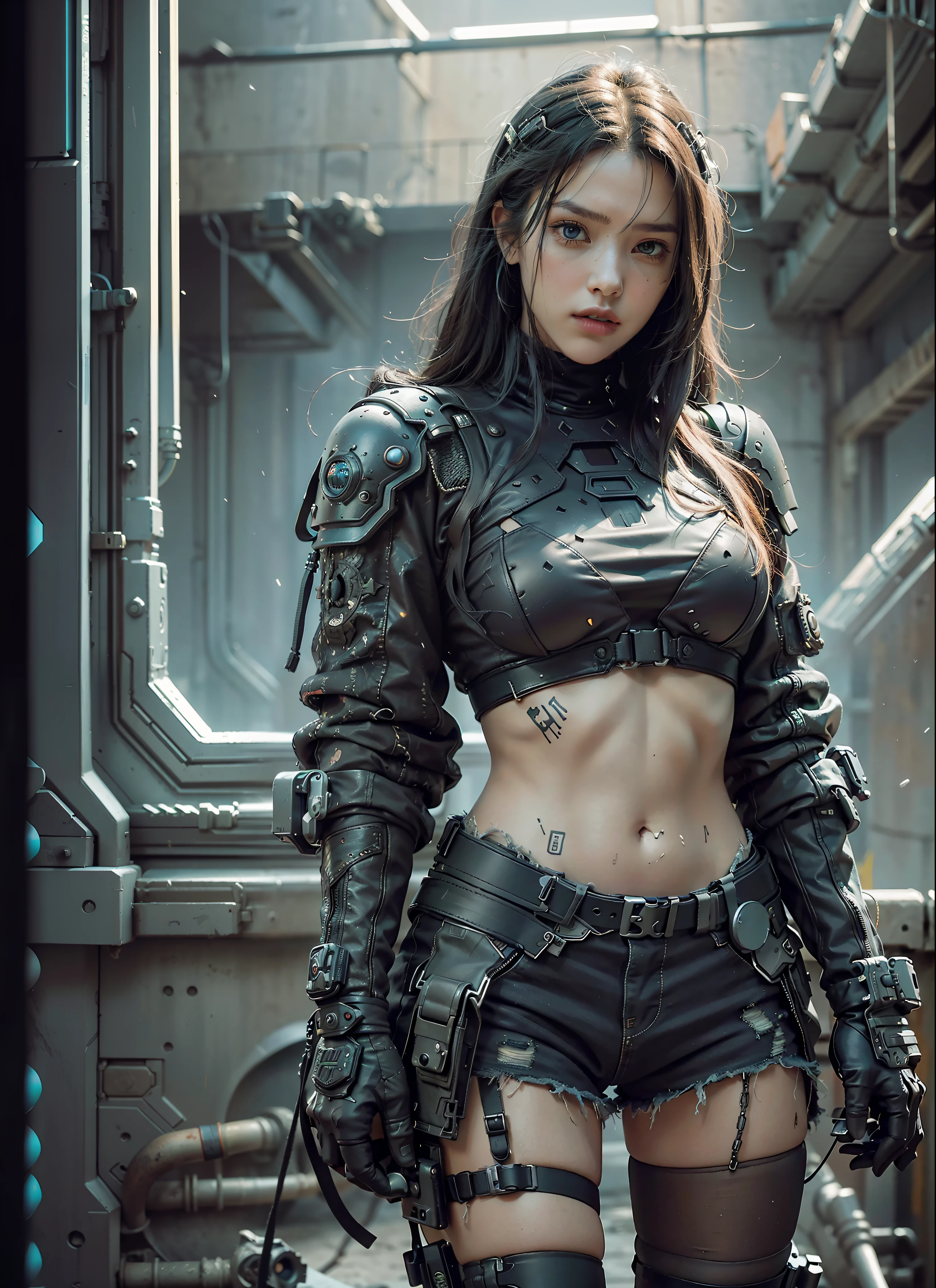 wearing cyberpunk armor post-apocalyptic ruins, kkw-ph1, (photorealistic:1.4) hyperdetailed, hyperrealism, ((best quality)), ((masterpiece)), (detailed), 8k uhd, Canon EOS 5D Mark IV, f/2.8, 1/25sec, Canon EF 50mm