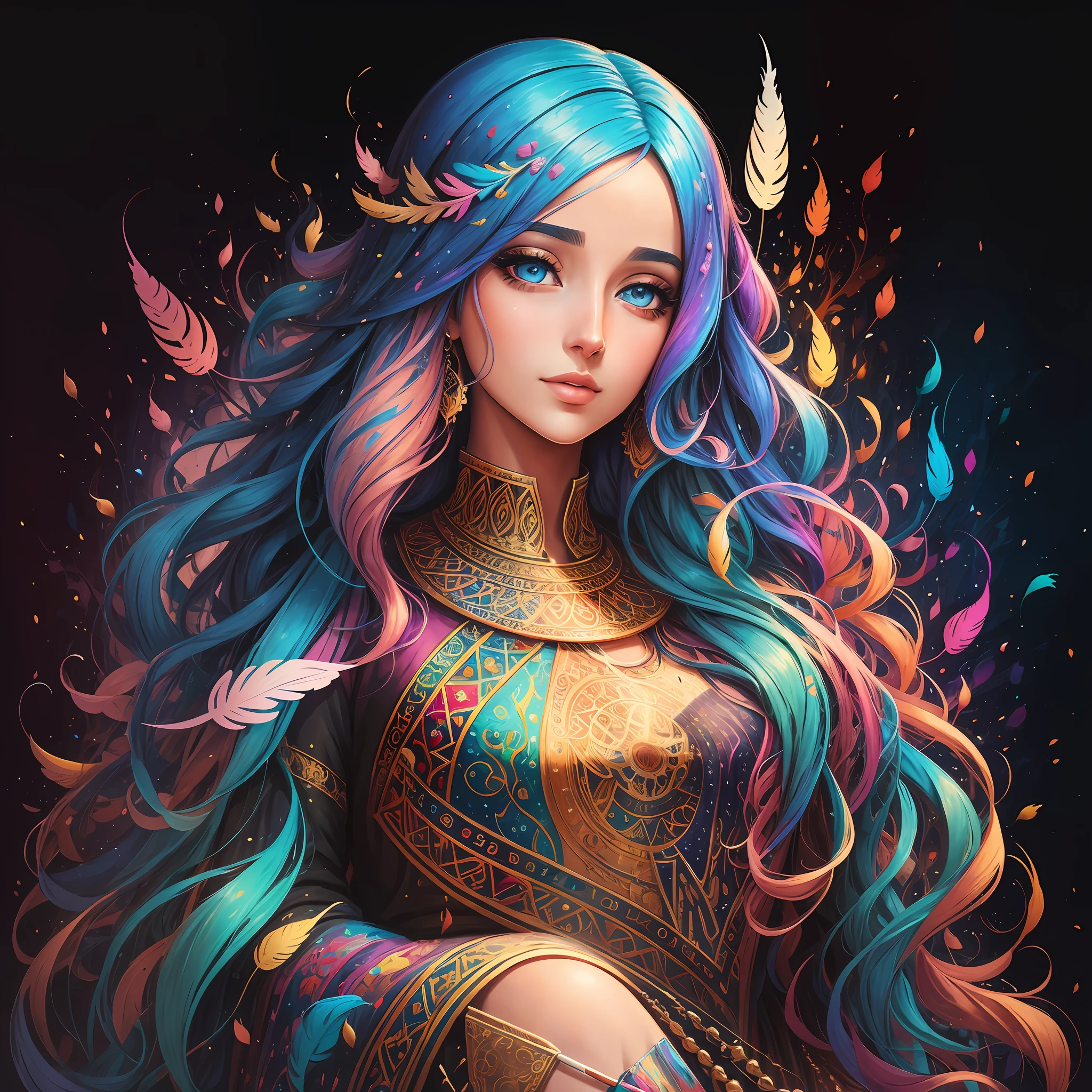 Painting of a very realistic "Syrian woman" with colored hair and a feather, beautiful UHD 4K art, colorful art, beautiful digital art, beautiful digital art, stunning digital illustration, vibrant digital painting, colorful digital painting, a beautiful art illustration, 8k stunning art, colorful digital fantasy art, exquisite digital illustration, colorful digital art, beautiful digital art,  Colorful illustration --auto --s2