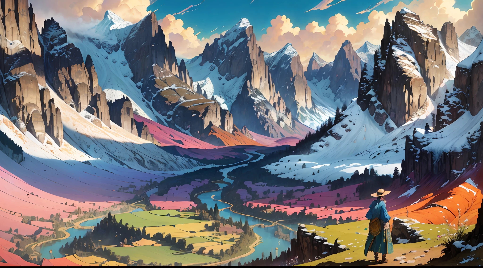 valley in spring, valley in the summer, beautiful, colorful, some contrast, hyper detailed, landscape, felt pieces, layered paperm, James Jean, Storybook Illustration, Cinema 4d, Peter Mohrbacher, Digital Painting, National Geographic Photo, Alphonse Mucha, Matte Painting, Asaf Hanuka, Greg Rutkowski, Hyperrealism