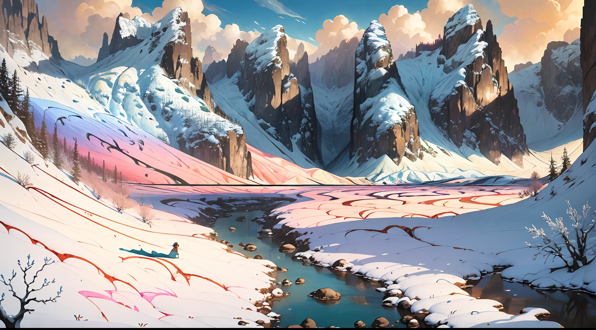 valley in spring, valley in the summer, beautiful, colorful, some contrast, hyper detailed, landscape, felt pieces, layered paperm, James Jean, Storybook Illustration, Cinema 4d, Peter Mohrbacher, Digital Painting, National Geographic Photo, Alphonse Mucha, Matte Painting, Asaf Hanuka, Greg Rutkowski, Hyperrealism