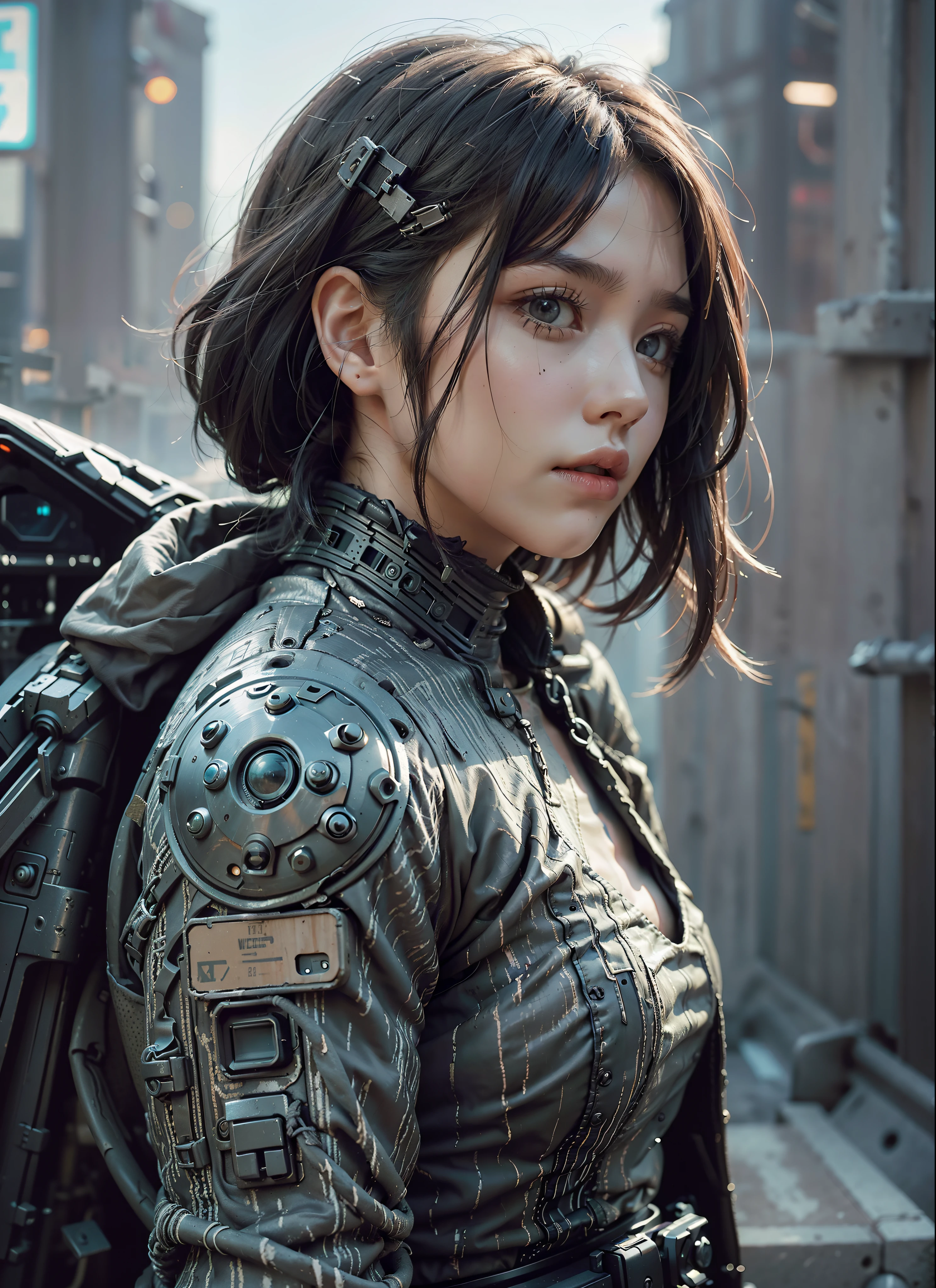 wearing cyberpunk armor post-apocalyptic ruins, kkw-ph1, (photorealistic:1.4) hyperdetailed, hyperrealism, ((best quality)), ((masterpiece)), (detailed), 8k uhd, Canon EOS 5D Mark IV, f/2.8, 1/25sec, Canon EF 50mm