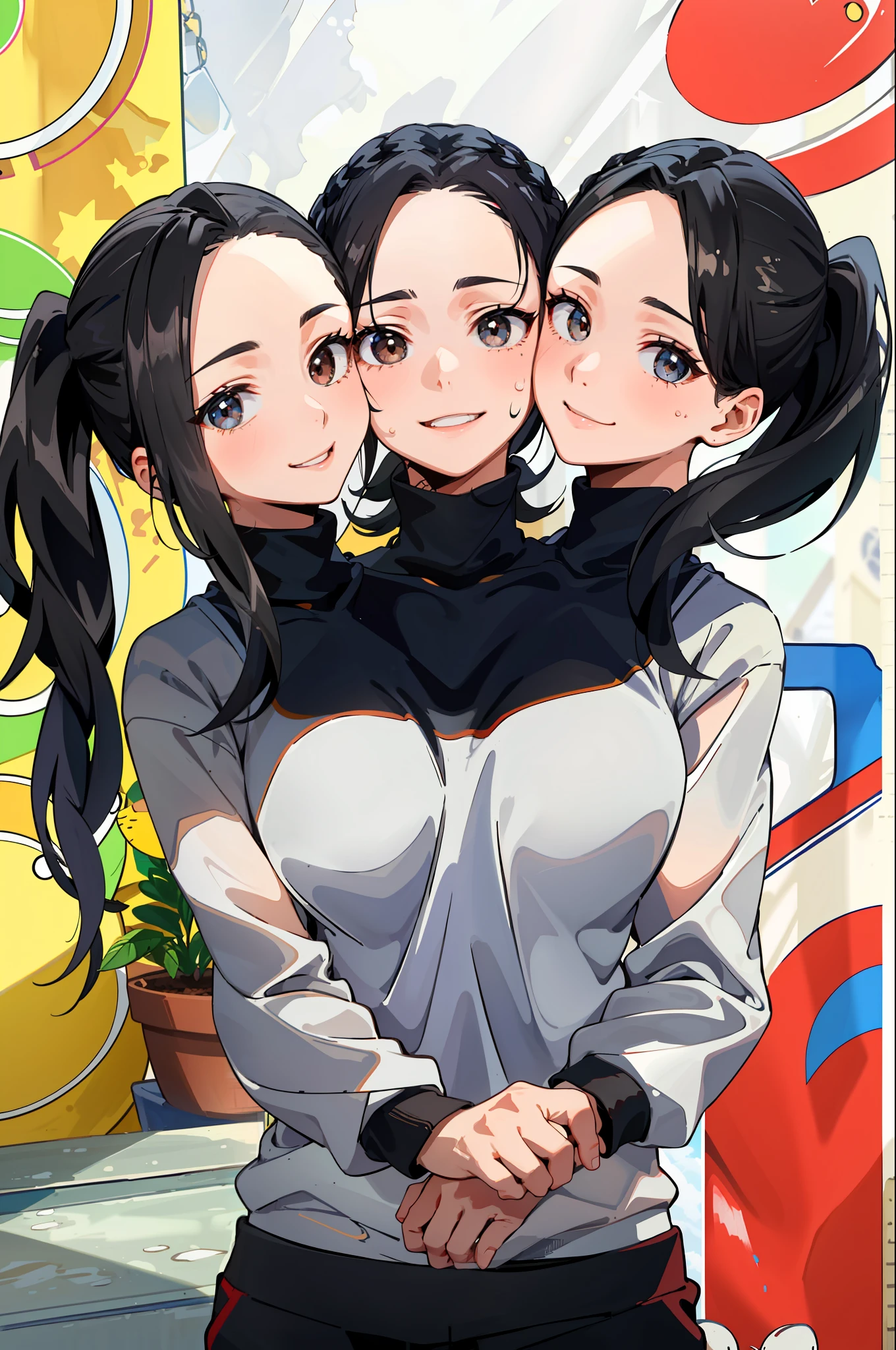 3heads, best quality, masterpiece
3 girls, black hair, identical hair color, smiling, running, sweatshirt, sweatpants, outdoors
((three heads, 3head):1.5)