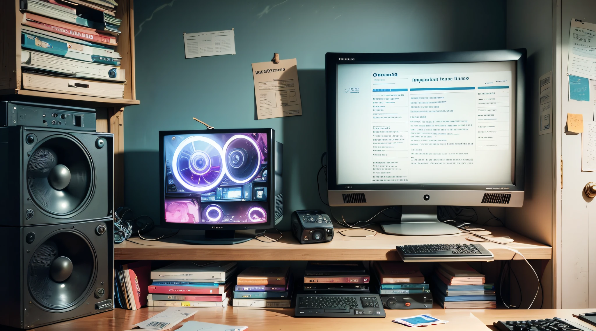 film still, tv switer, 2080s sitcom style, 2 computer monitors, unpainted, sophisticated, symbolic --auto --s2