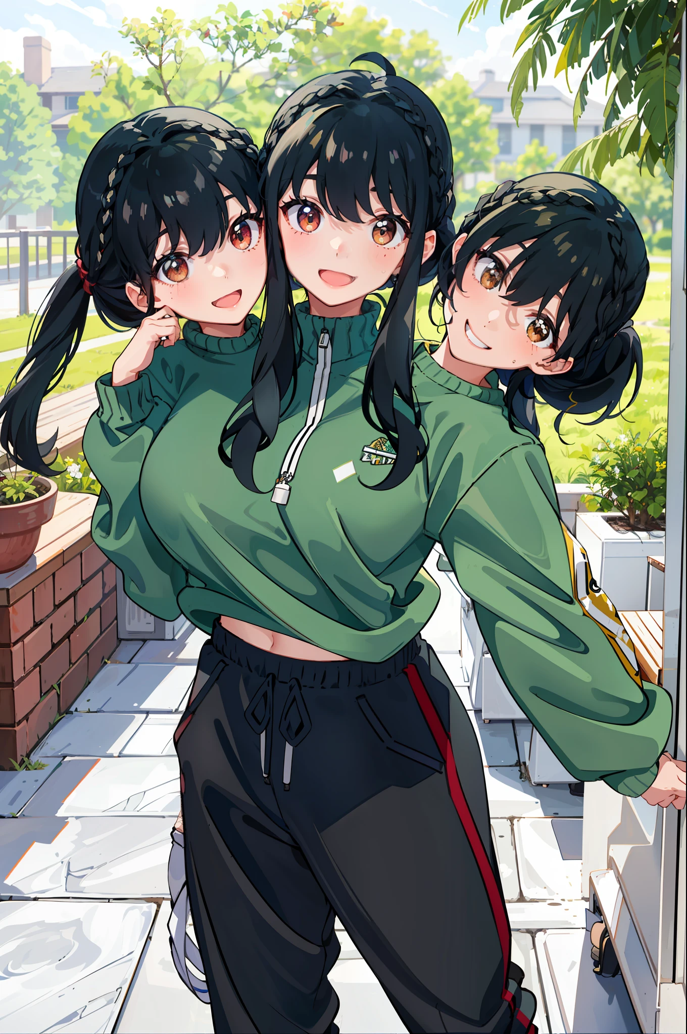 3heads, best quality, masterpiece
3 girls, black hair, identical hair color, smiling, running, sweatshirt, sweatpants, outdoors
((three heads, 3head):1.5)