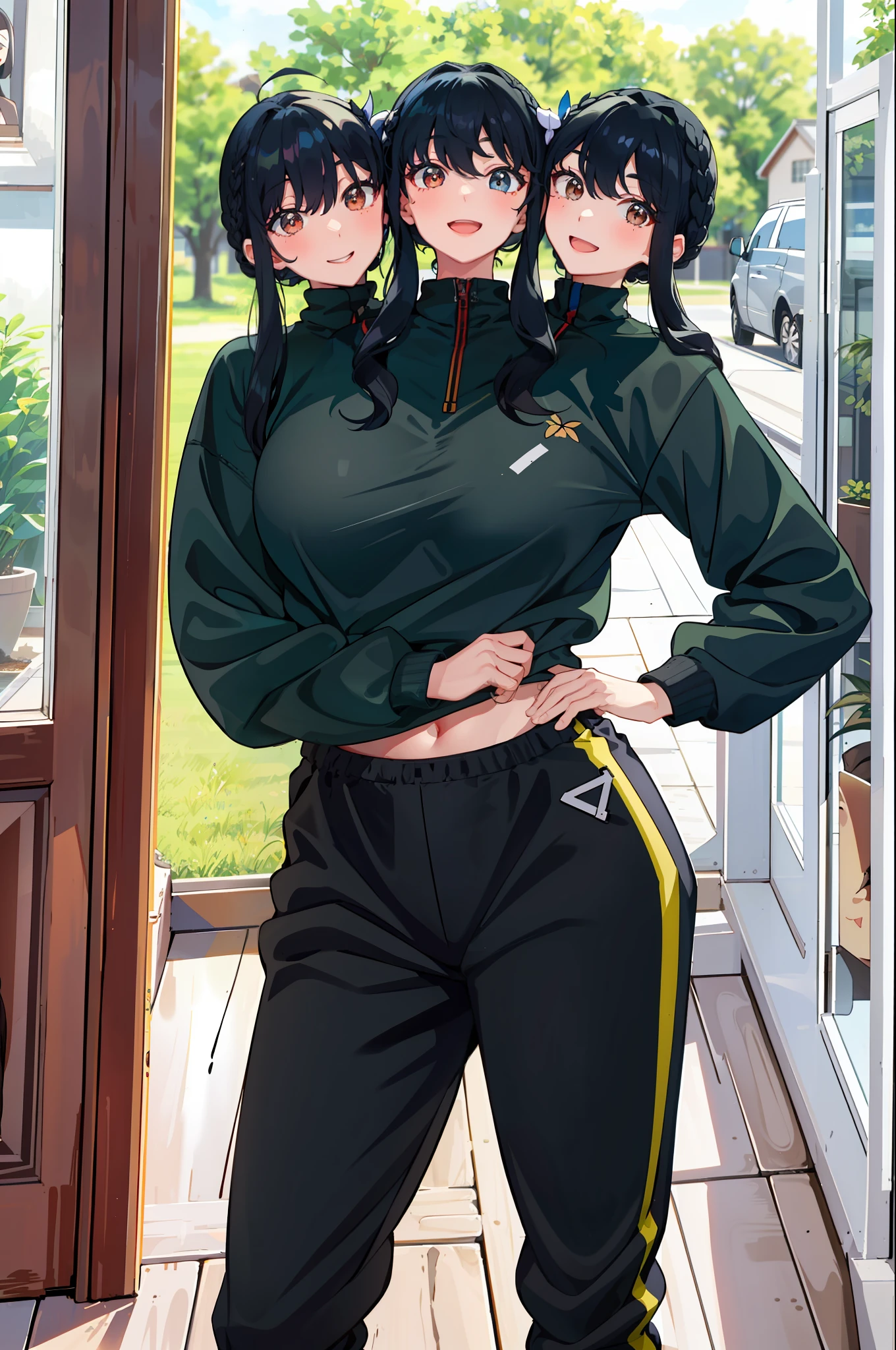 3heads, best quality, masterpiece
3 girls, black hair, identical hair color, smiling, running, sweatshirt, sweatpants, outdoors
((three heads, 3head):1.5)