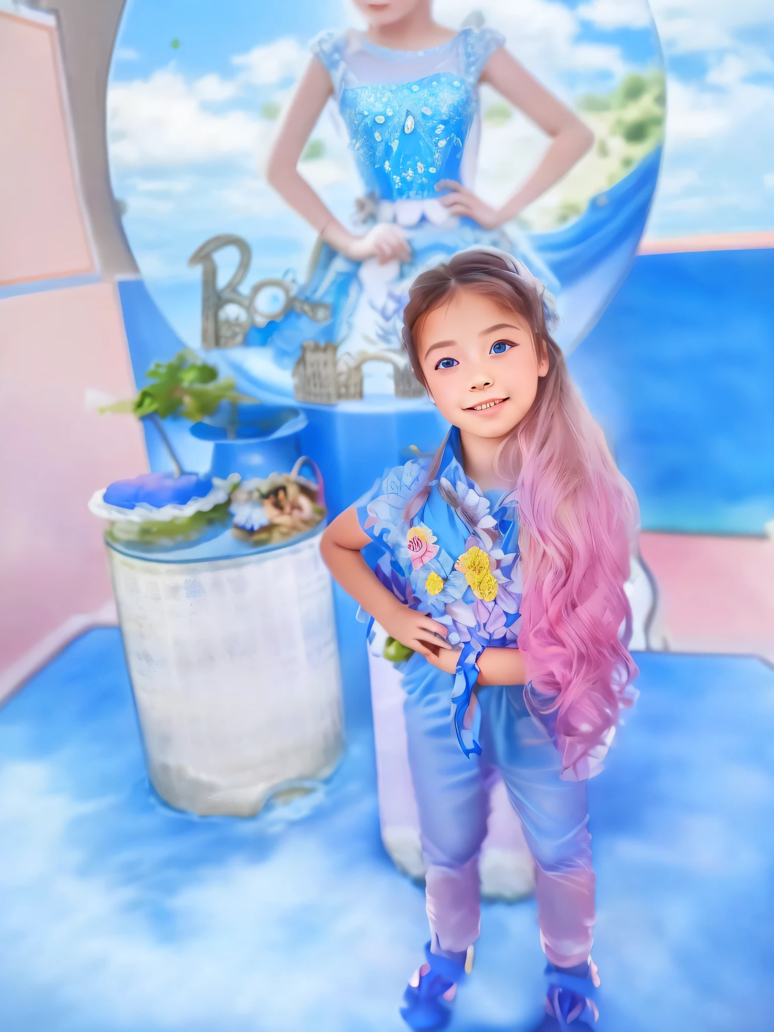 5 year old girl, beautiful, smiling, wearing blue princess dress, in front of a beautiful garden, and with a castle in the background, blue sky, white clouds, photorealistic, realistic skin, whole body, keep the face as faithful as possible to the original image