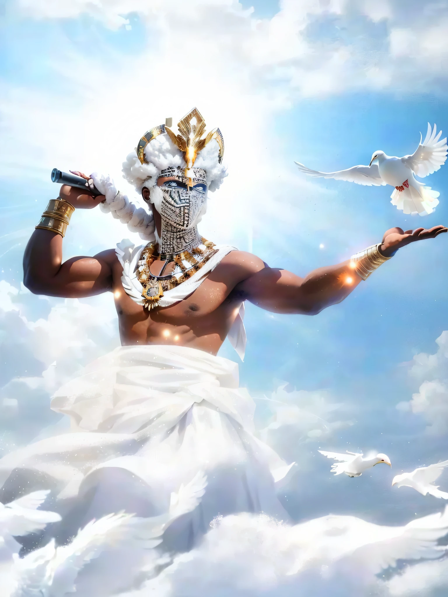 arafed man in a white dress with a white dove and a white mask, greek god, olympian god, elon musk as a greek god, african mythology, afro futurism, the god of music, godess, snoop dogg as a barbarian, divine god, portrait of a heavenly god, wind egyptian god, storm egyptian god, god of moon, godness