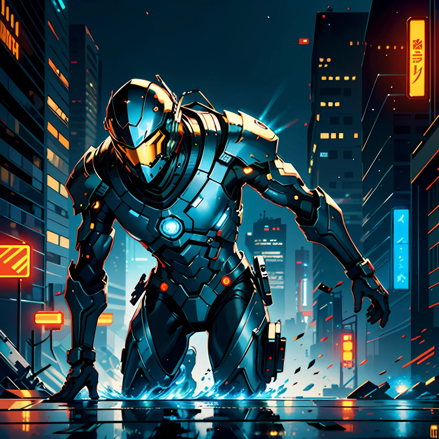 (best quality:1.2), (best quality), (best illustration), (best performance), (illustration), (2D extreme quality:1.2), (1man), extremely detailed and illustrative body, with its all metallic, electronic, technological body, (using a technological metallic helmet:1.2), (extremely detailed CG 8k unit wallpaper:1.2), chaotic city dramatic lighting of cinematic artistic soft film, an amazing cyberpunk futuristic city of best illustrative desinger  Perfectly designed.