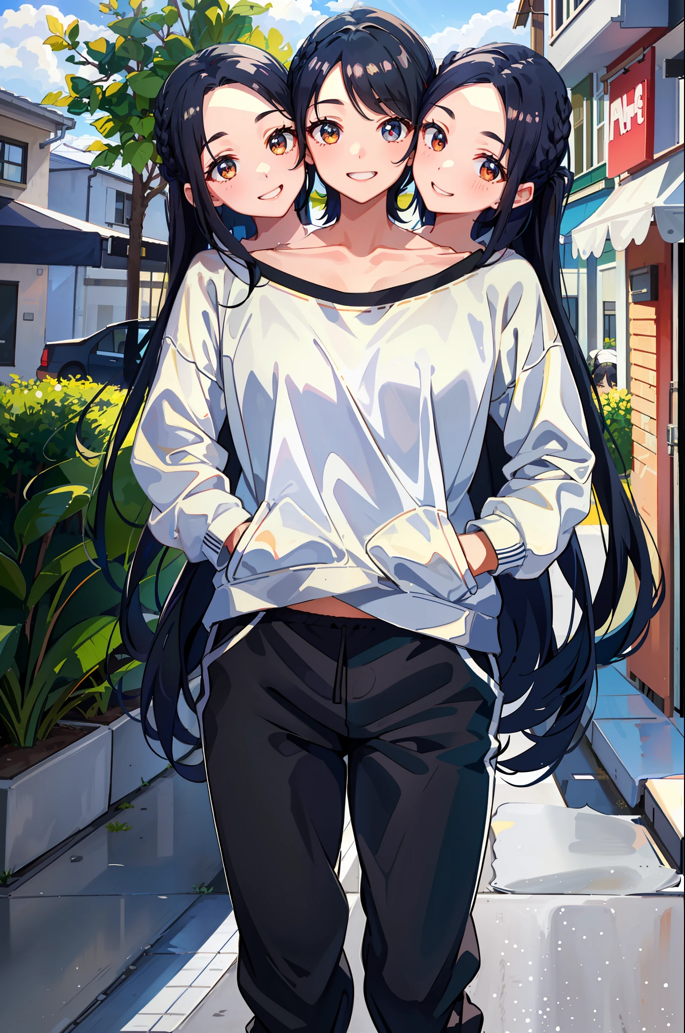 3heads, best quality, masterpiece
3 girls, black hair, identical hair color, smiling, running, sweatshirt, sweatpants, outdoors
((three heads, 3head):1.5)