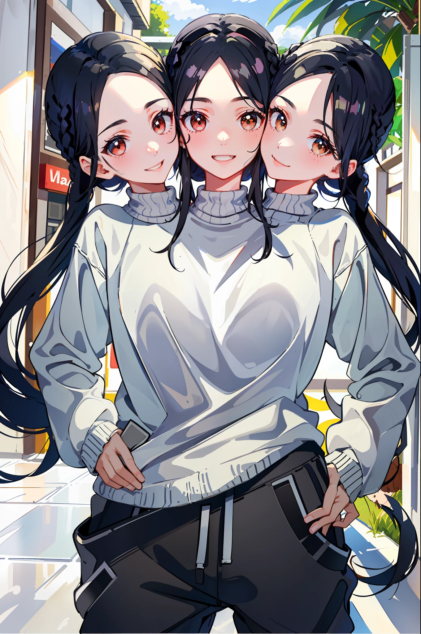 3heads, best quality, masterpiece
3 girls, black hair, identical hair color, smiling, running, sweatshirt, sweatpants, outdoors
((three heads, 3head):1.5)