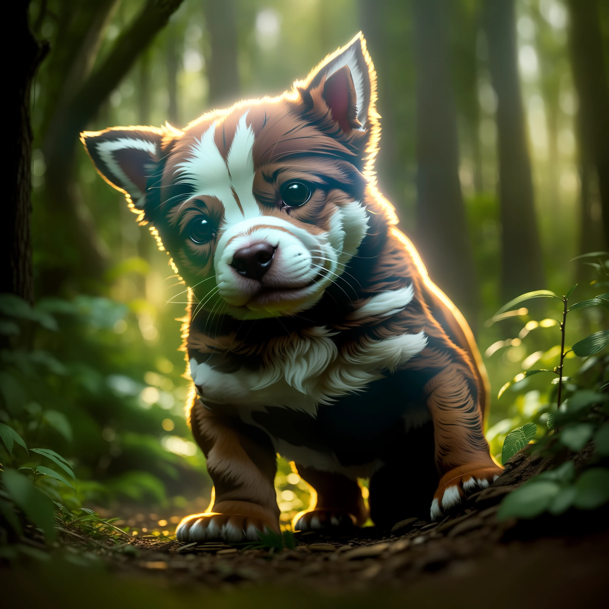 close up photo of a very cute jumping puppy in the forest, soft volumetric lights, (backlit:1.3), (cinematic:1.2), intricate details, (ArtStation:1.3), Rutkowski
