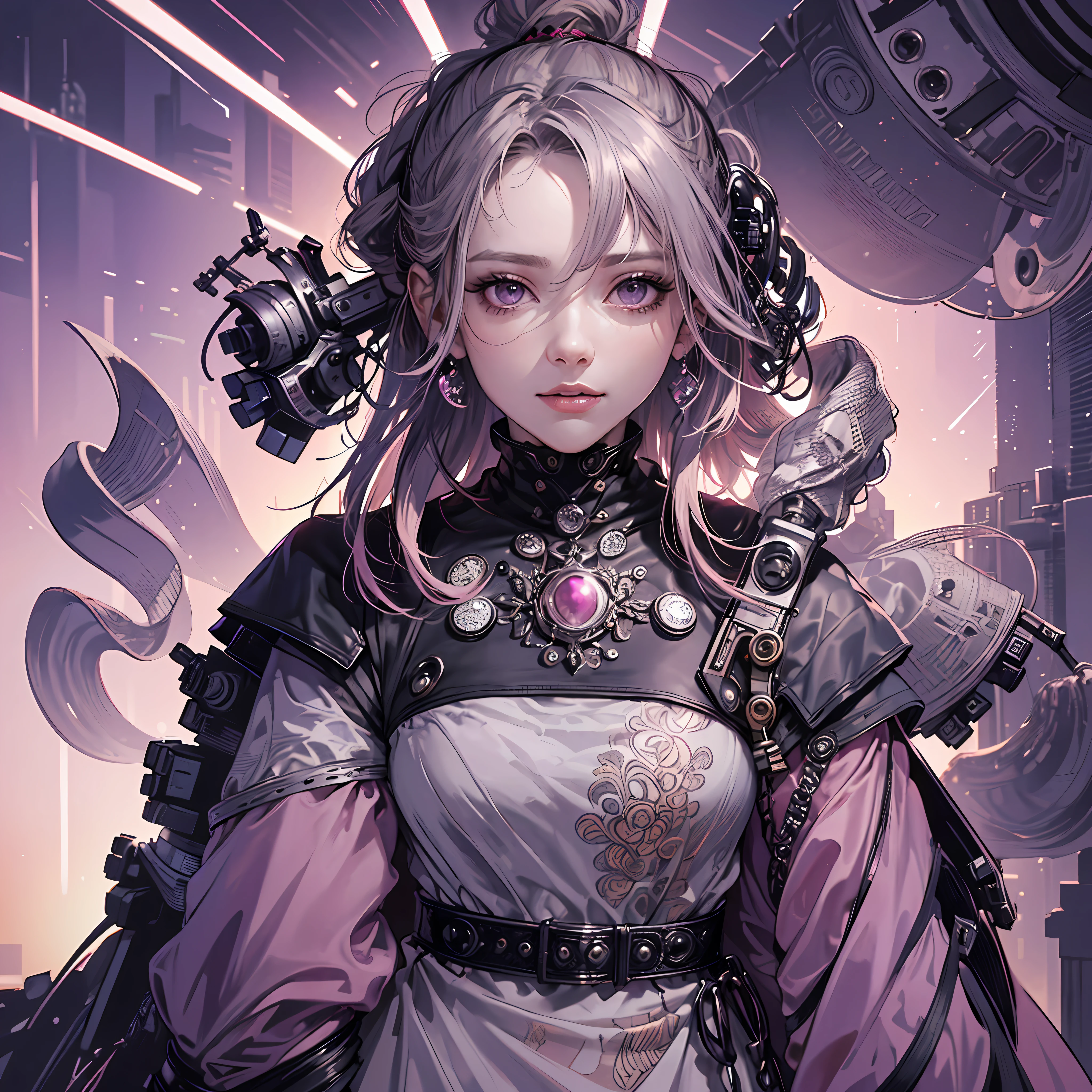 Woman, serious, elegant, pink dress, aristocratic, silver elements, long nails, bare shoulders, hairstyle, hair up, braid and ponytail, messy, purple eyes, sweet smile, detailed dress, royalty, celebration, hall decorated with flowers, closeup face, portrait, cyberpunk, purple (best quality), (masterpiece), (highly detailed), (4k)
