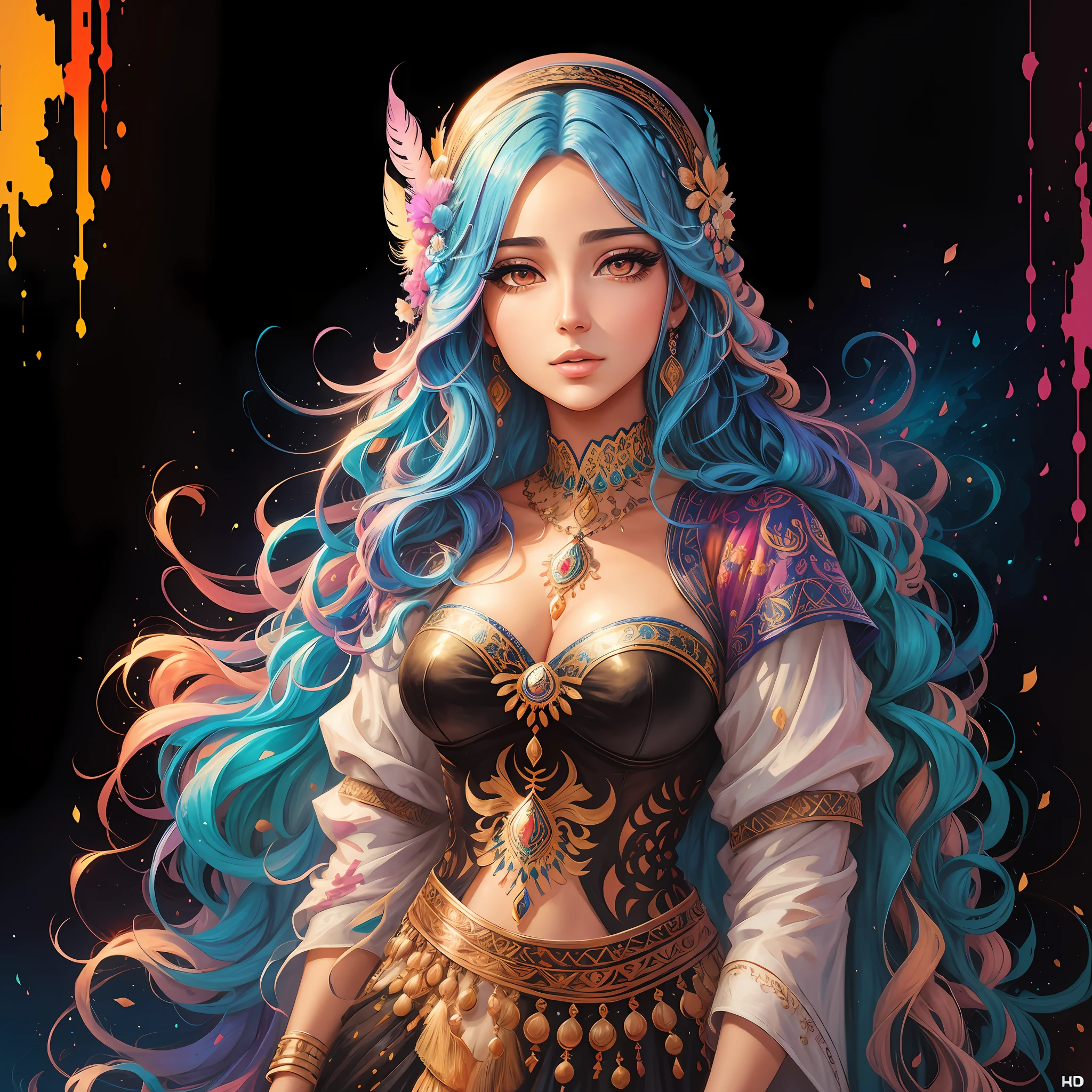 Painting of a very realistic "Syrian woman" with colored hair and a feather, beautiful UHD 4K art, colorful art, beautiful digital art, beautiful digital art, stunning digital illustration, vibrant digital painting, colorful digital painting, a beautiful art illustration, 8k stunning art, colorful digital fantasy art, exquisite digital illustration, colorful digital art, beautiful digital art, Colorful illustration --auto --s2