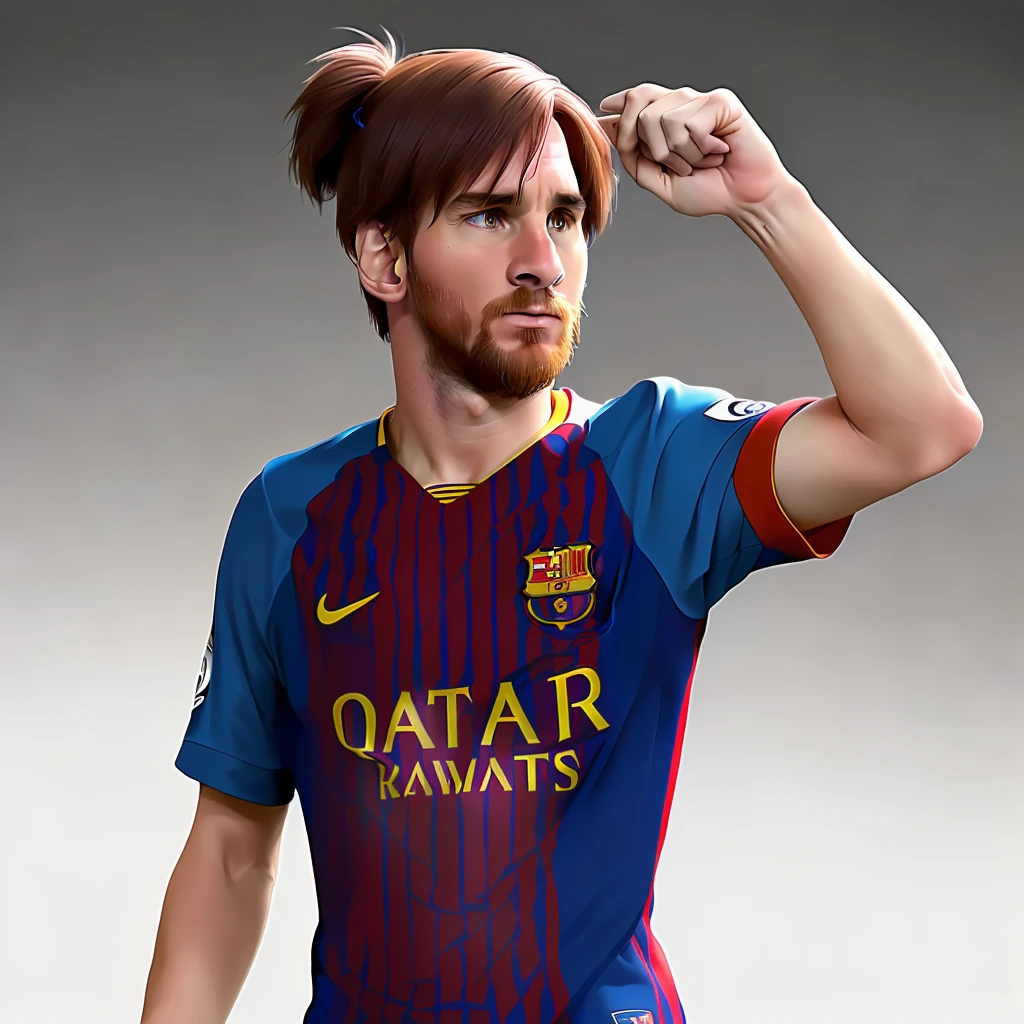 arafed image of a man with a ponytail and a soccer jersey, lionel messi portrait, messi as a viking, lionel messi as a muppet, messi, lionel messi, messi as cyborg, hyper real render, photorealistic fan art, airbrush render, official fan art, realistic artstyle, highly detailed exquisite fanart, wearing a barca cape