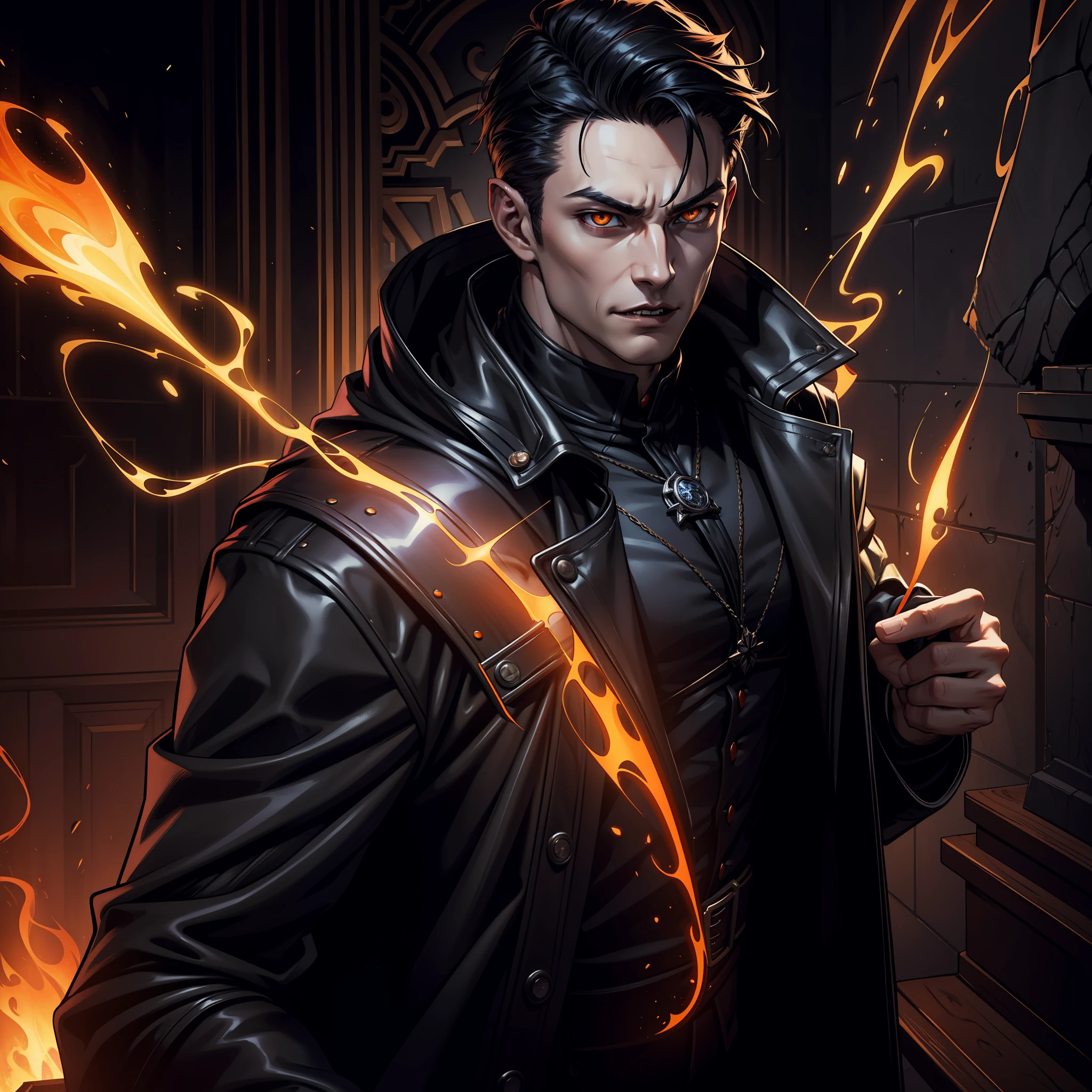 (extremely detailed 8k wallpaper), dark theme, Vampire the Masquerade, modern horror, 2020s, young man, Asian descent, wearing mystical leather overcoat, sharp focus, (subsurface scattering:1.1), award-winning photography, centered face, Harry Shum Jr's face, (((a Tremere vampire))), half-body shot:1.1, short punk black hair, orange eyes, intellectual expression, arcane chapel interior with tomes and modern magic stuff, dramatic lighting