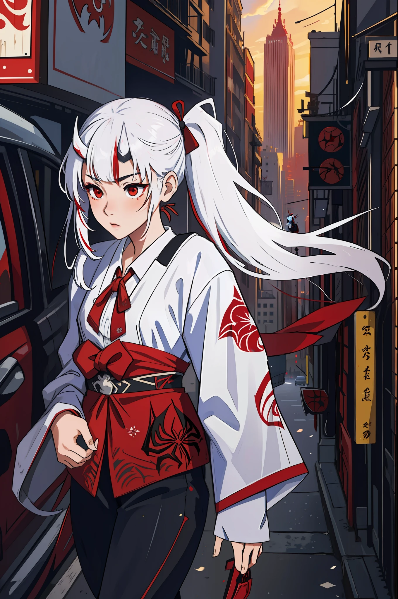 (masterpiece, best quality), intricate details, 8k, artstation, wallpaper, official art, splash art, sharp focus,
1girl, Nakiri Ayame, long hair, twin tails, red eyes, white hair, 
 spider suit, spider web printing, spider web,  
skyscrapers, city, buildings, cars, street, home.