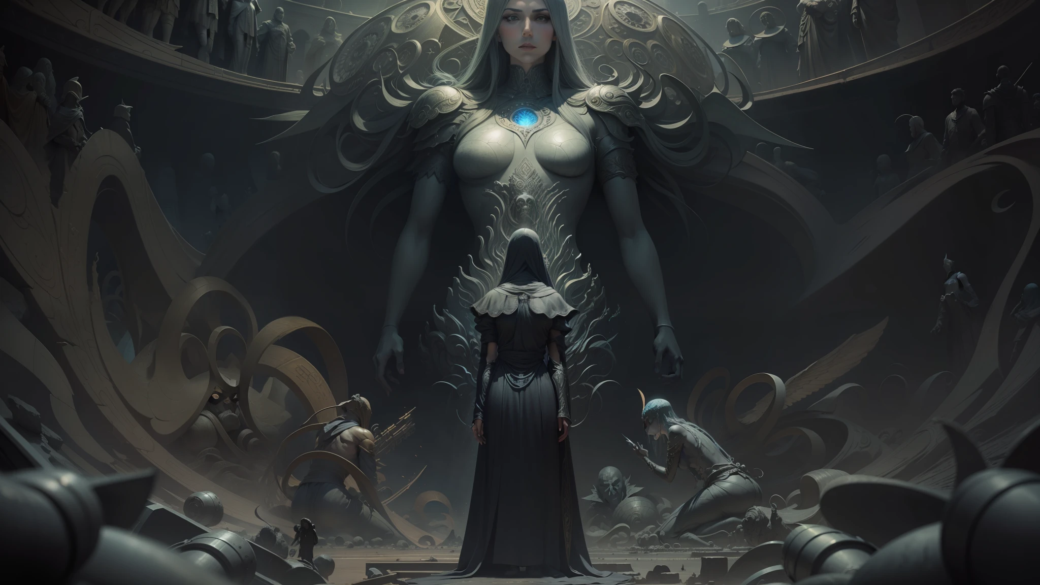 a manr in front of a giant statue of a woman surrounded by people, static prometheus frame, toolband art, murata, inspired by Kamāl ud-Dīn Behzād, photorealistic art style, metatron, monolithic, scp-049, hikkikomori, zdzislaw beksisnski --auto --s2