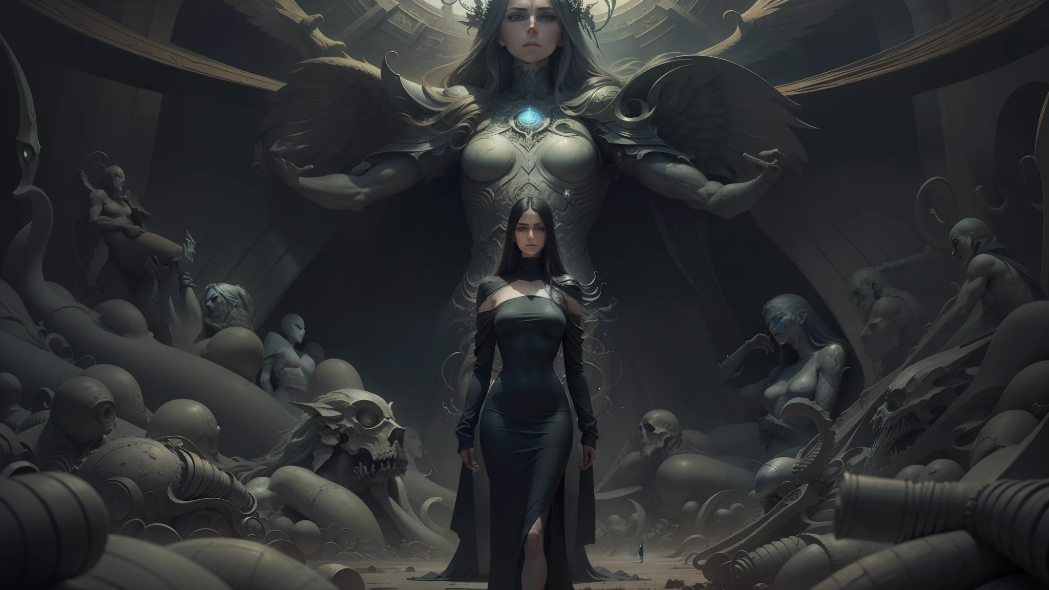 a manr in front of a giant statue of a woman surrounded by people, static prometheus frame, toolband art, murata, inspired by Kamāl ud-Dīn Behzād, photorealistic art style, metatron, monolithic, scp-049, hikkikomori, zdzislaw beksisnski --auto --s2