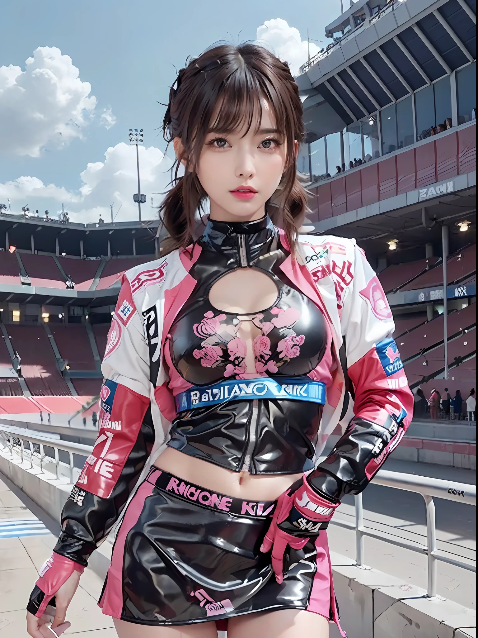 Top Quality, Ultra High Resolution, (Photorealistic: 1.4), (Pink Long Hair: 1.3), (Azure Lane\), One Girl, (Kpop Idol), Watch Audience, Detailed Face, Contrappost, Smooth Skin, Perfect ??????? Professional Lighting, Futuristic Fashion, Streetwear, High-Tech Fabric, Racing Suit, Fireproof Material, Elbow and knee pads, racing gloves, personalized embroidery, mini skirt, belly button, brown hair, Suzuka circuit, circuit home straight, race track, international circuit, supergt, big breasts, big, race queen