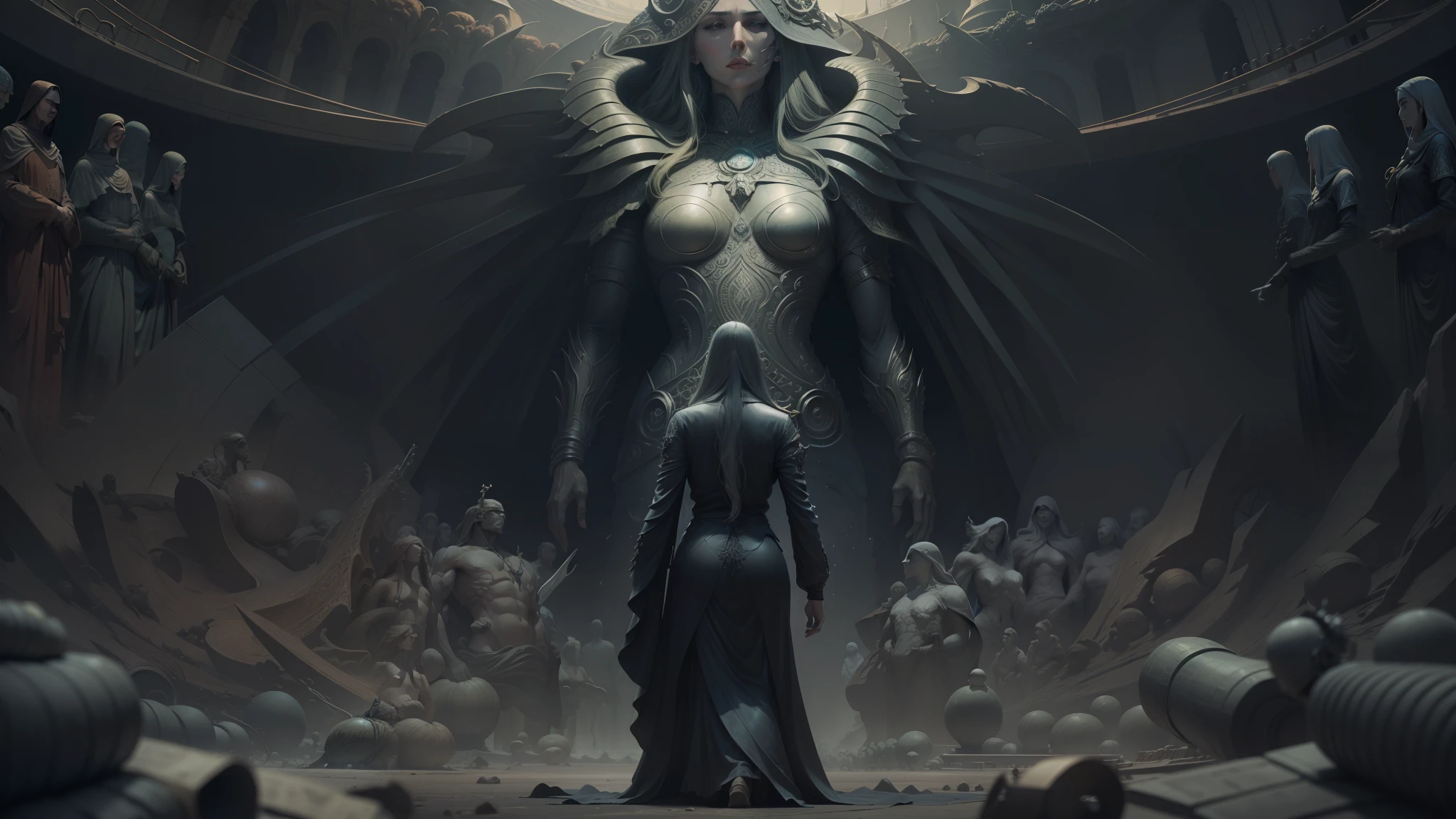 a manr in front of a giant statue of a woman surrounded by people, static prometheus frame, toolband art, murata, inspired by Kamāl ud-Dīn Behzād, photorealistic art style, metatron, monolithic, scp-049, hikkikomori, zdzislaw beksisnski --auto --s2