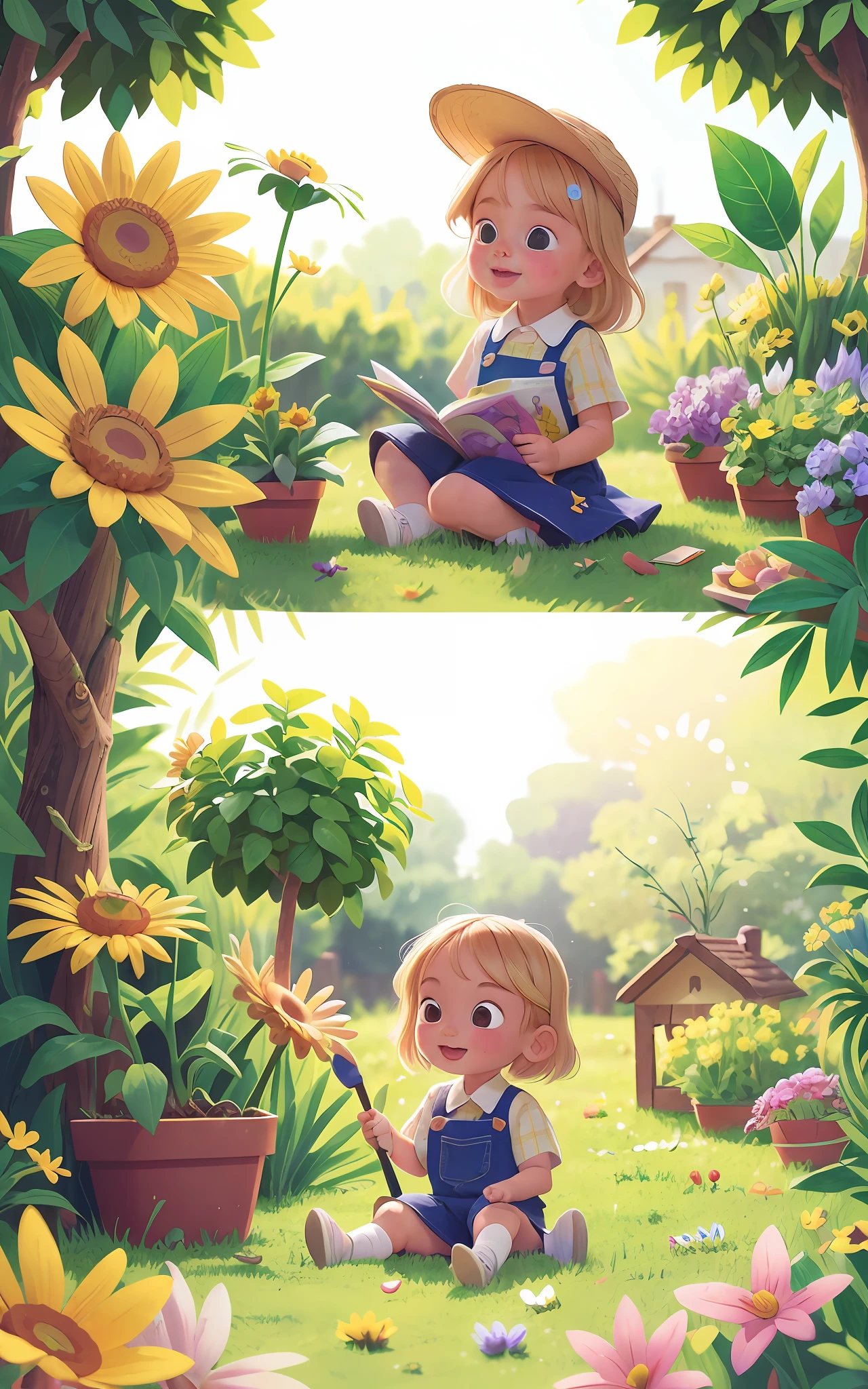 , blonde, wearing gardener's clothes, growing plants and a flower garden, drawing type comic books, comics, children's literature.