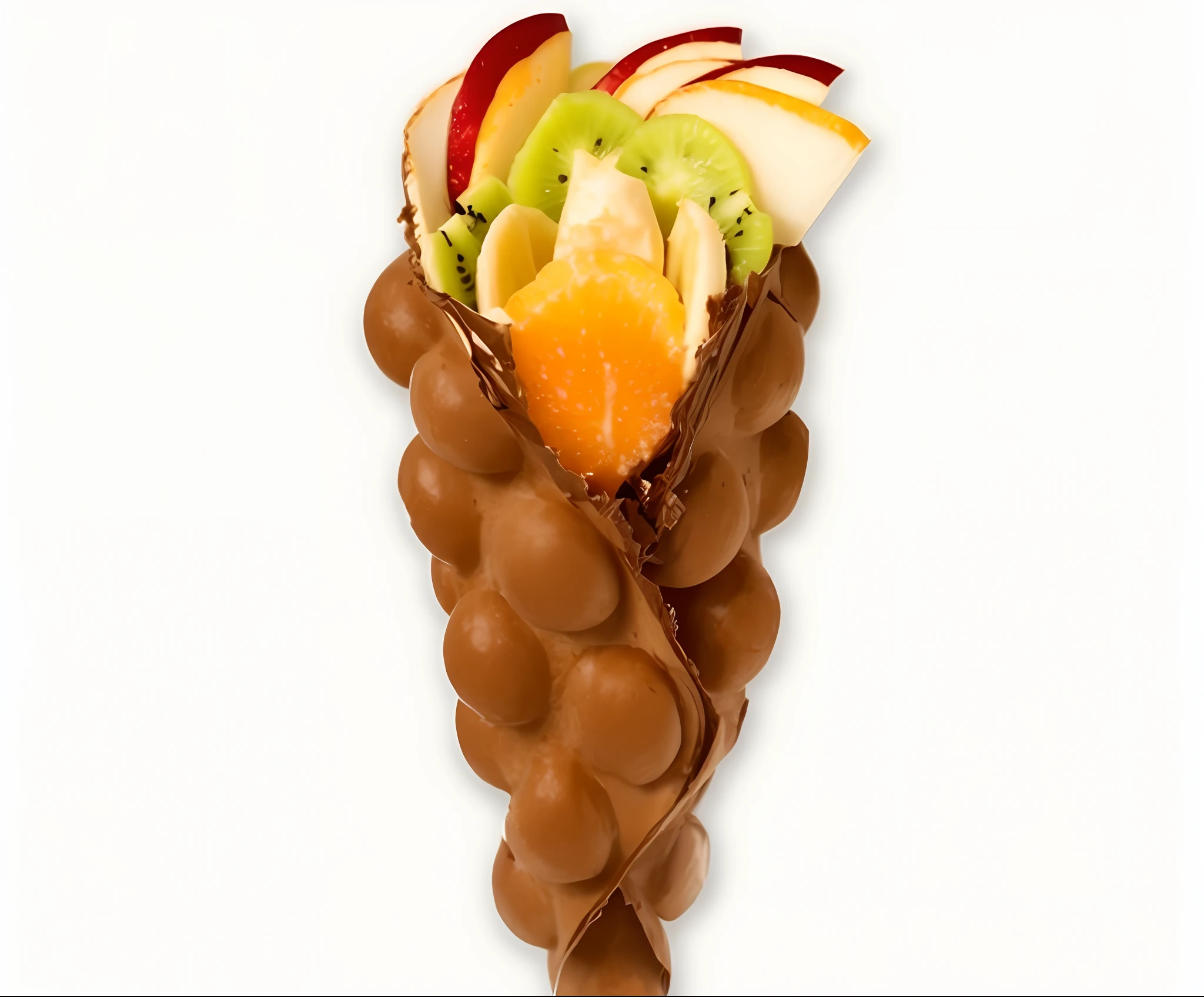 there is a chocolate wrap with fruit and nuts on it, cone shaped, fruitcore, stroopwaffel, cone, cornucopia, 2995599206, by Edward Avedisian, by Aleksander Gierymski, very tasty, high quality image, high quality product photo, fruit basket, fruit monster