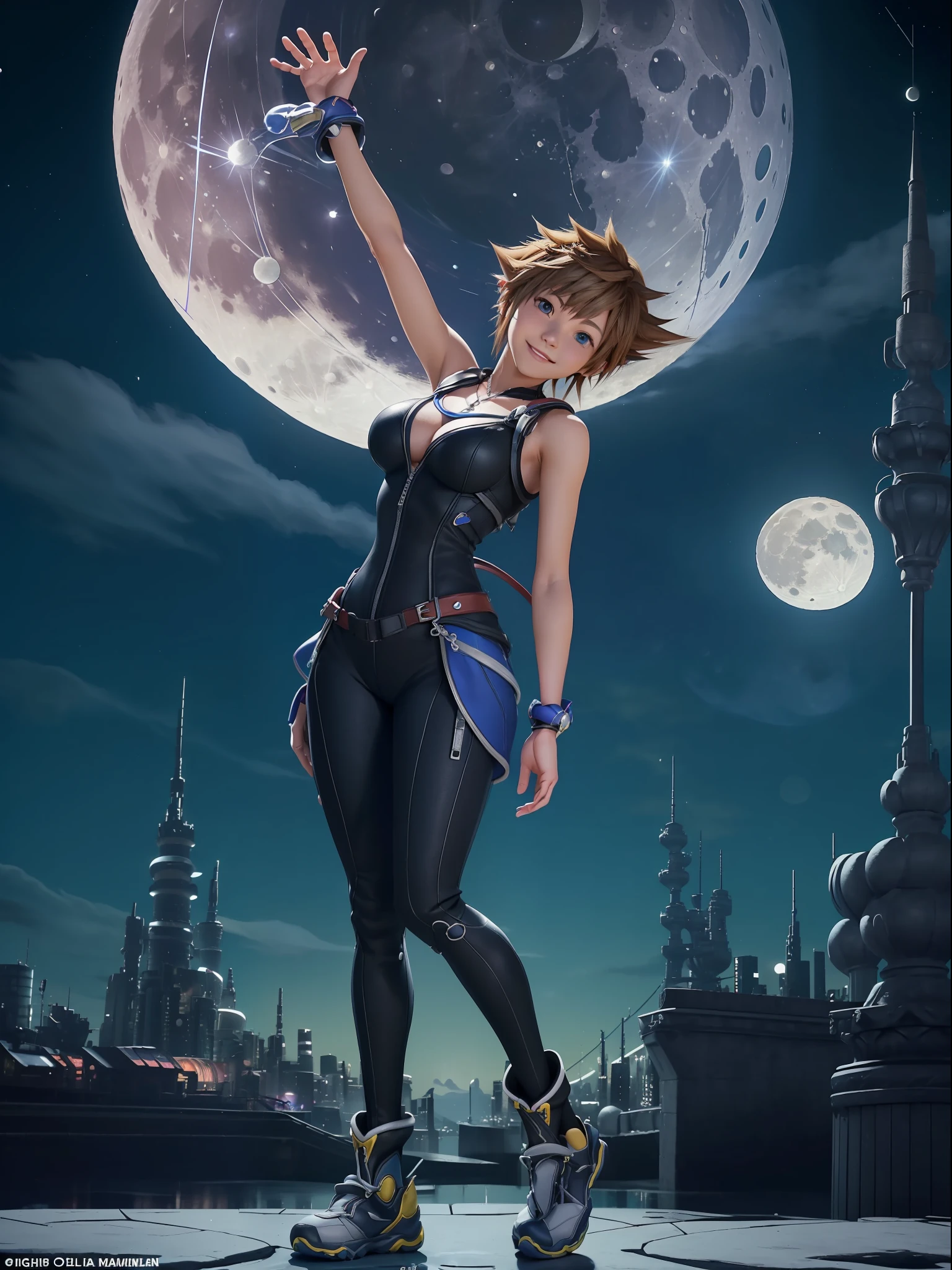 (Full body photo:1.7), (One/Woman/as Sora protagonist of Kingdom Hearts:1.5), (Big breasts:1.7), (Wearing the full outfit of Sora from kingdom hearts:1.3), (Looking at the viewer/smiling:1.3), (She's in a magical/night/full moon city in the sky:1.7), (She's got the hair of Sora from kingdom hearts: 1.5), (blue eyes: 1.5), (extremely tight suit on the body: 1.7), (doing sensual poses while standing: 1.2), (Kingdom Hearts, award-winning, UHD, anime, high detail, 16k, high quality, masterpiece)