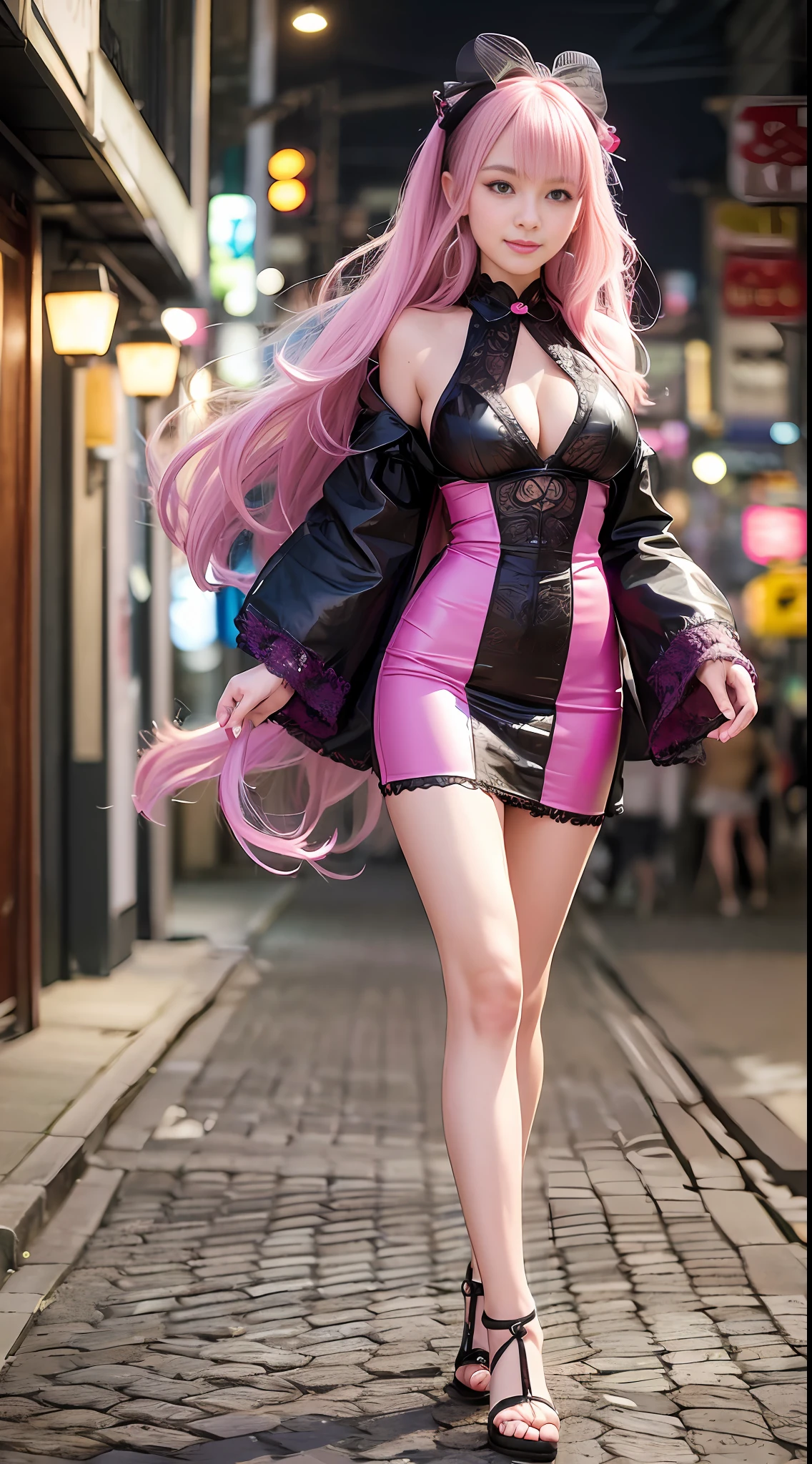 (Super Vision CG, unified 8k wallpaper), (Masterpiece), (Best Quality), (Super Detail), (Best Shadow), (Photorealistic:1.9), Realistic human skin, Lens flare, Shade, Backlight, Bloom, Depth of field, Natural light, Hard focus, Film grain, Neat and pretty figure, Thin waist, Fashionable pose walking through the streets of Tokyo late at night, (happy smile:1.2), full body, (very detailed eyes and face), big earrings, (very cute), (big eyes), (thin legs), (very wide shot: 1.2), (beautiful detailed face), (beautiful detailed eyes), thin waist, huge, high definition breasts, high definition breasts, Japan idol, 18 years old, gal, (shiny pink hair : 1.3), (long hair: 1.3) (wavy hair: 1.2), (gorgeous hostess club colorful dress: 1.2), starry night,
