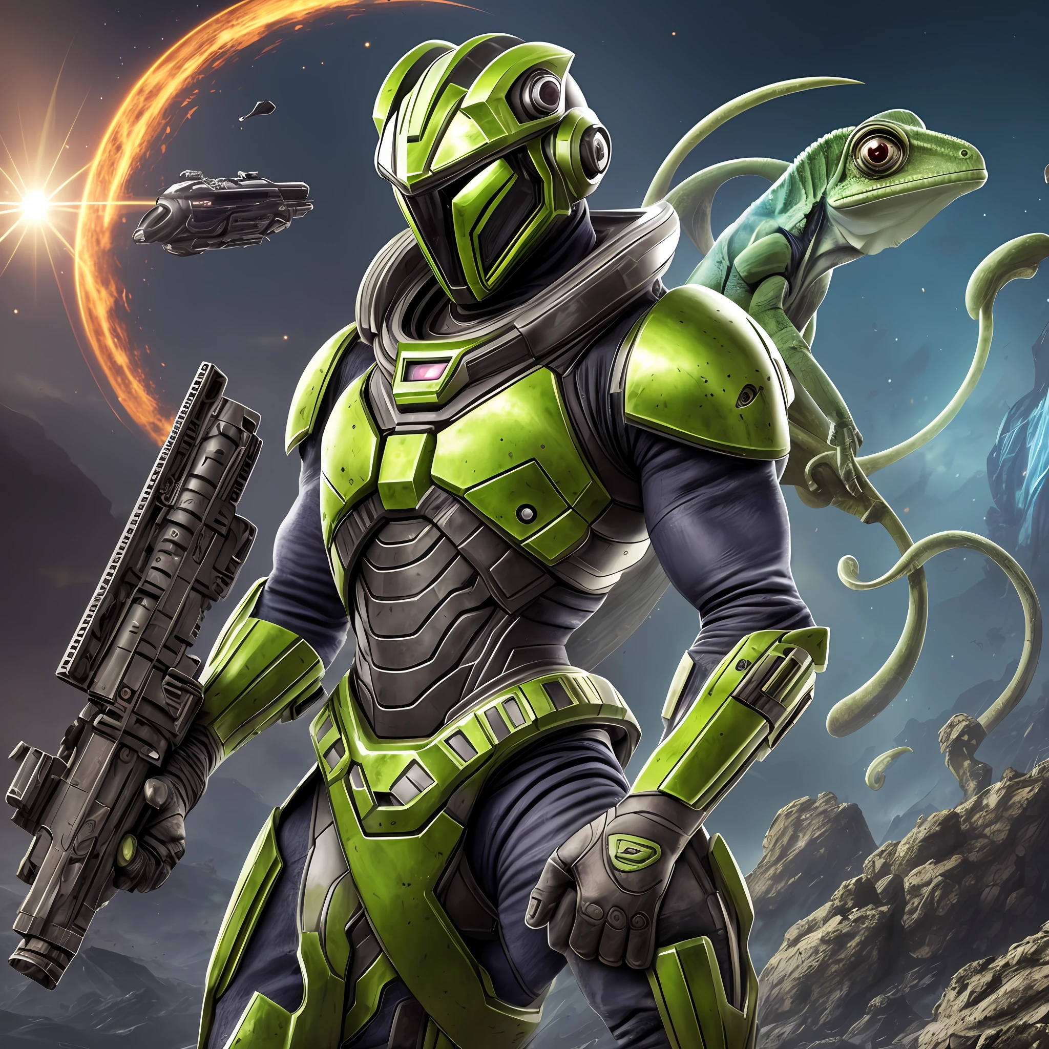 Develop an artistic representation of an intergalactic humanoid warrior chameleon in an alien environment. The chameleon must possess human and chameleon characteristics in a balanced way, with an agile and slender body, and a camouflaged skin with exotic and vivid colors. He should be dressed in biomechanical armor, which fits perfectly to his body and offers advanced protection. The chameleon must wield a technological weapon, such as an energy rifle or a pair of retractable blades. The setting around it should be an alien landscape, with exotic plants and creatures, suggesting a combat mission on a distant planet. Capture the essence of this intergalactic warrior chameleon as he faces the challenges of outer space. --auto --s2