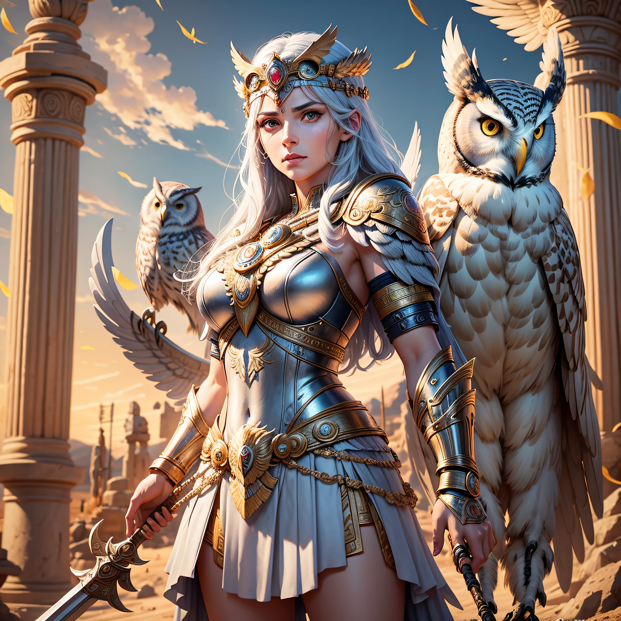 Athena, goddess, Athena, detailed face, warrior woman with a spear in her hand and an owl on her shoulder, Ancient Greece, owl on shoulder, Detailed owl, highest quality, highly detailed, 8K --auto --s2