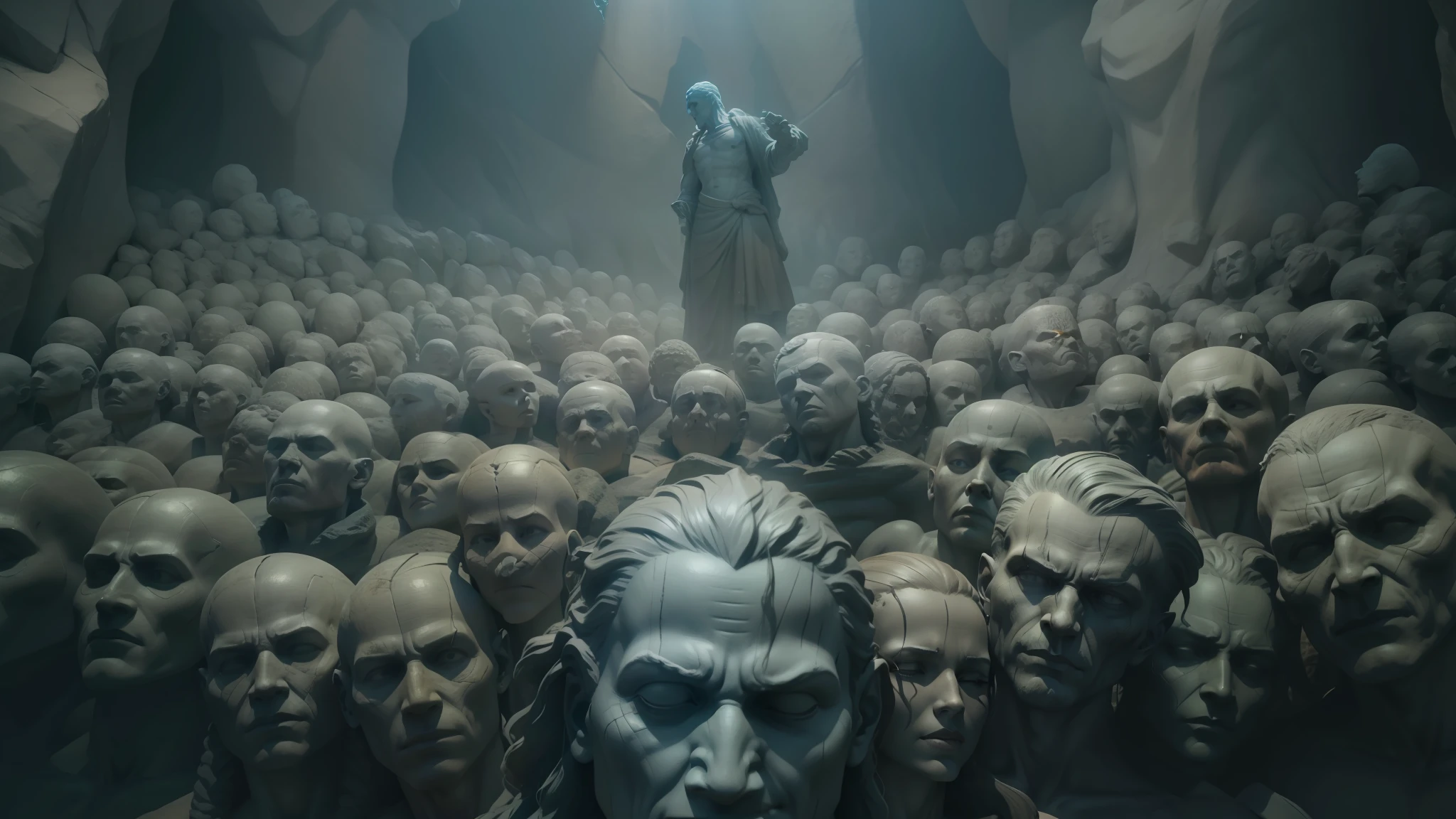 there are many statues of people's heads in a cave with a big stone statue, vfx movie closeup, 3 d 8 k, npc, politics, ( ( ( horror art ) ) ), personal room background, sleepers world, algorithmic, izombie, multicolored faces, slaughterhouse, in rows --auto --s2