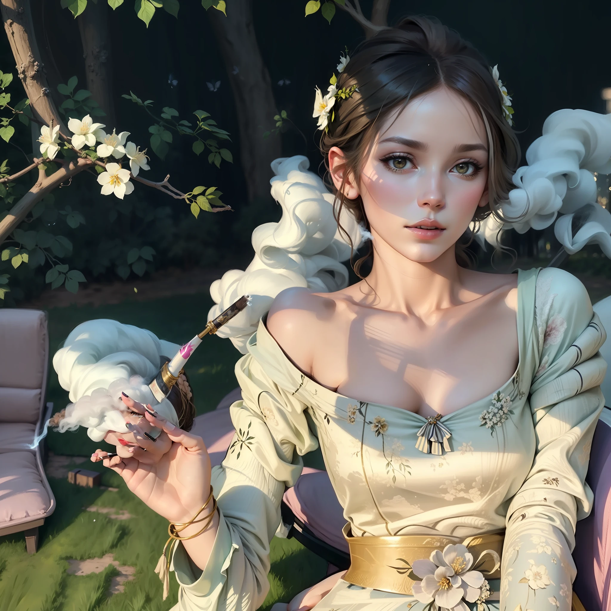 A woman elegantly holds a cigarette, emitting wisps of smoke, in a realistic style; adorned with a pastel color scheme reminiscent of delicate spring blossoms; inspired by Leonardo da Vinci's attention to detail and mastery of human form; amidst a serene park, where nature's tranquility complements the graceful presence.