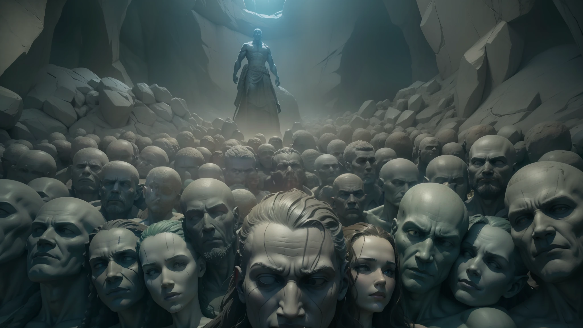 there are many statues of people's heads in a cave with a big stone statue, vfx movie closeup, 3 d 8 k, npc, politics, ( ( ( horror art ) ) ), personal room background, sleepers world, algorithmic, izombie, multicolored faces, slaughterhouse, in rows --auto --s2