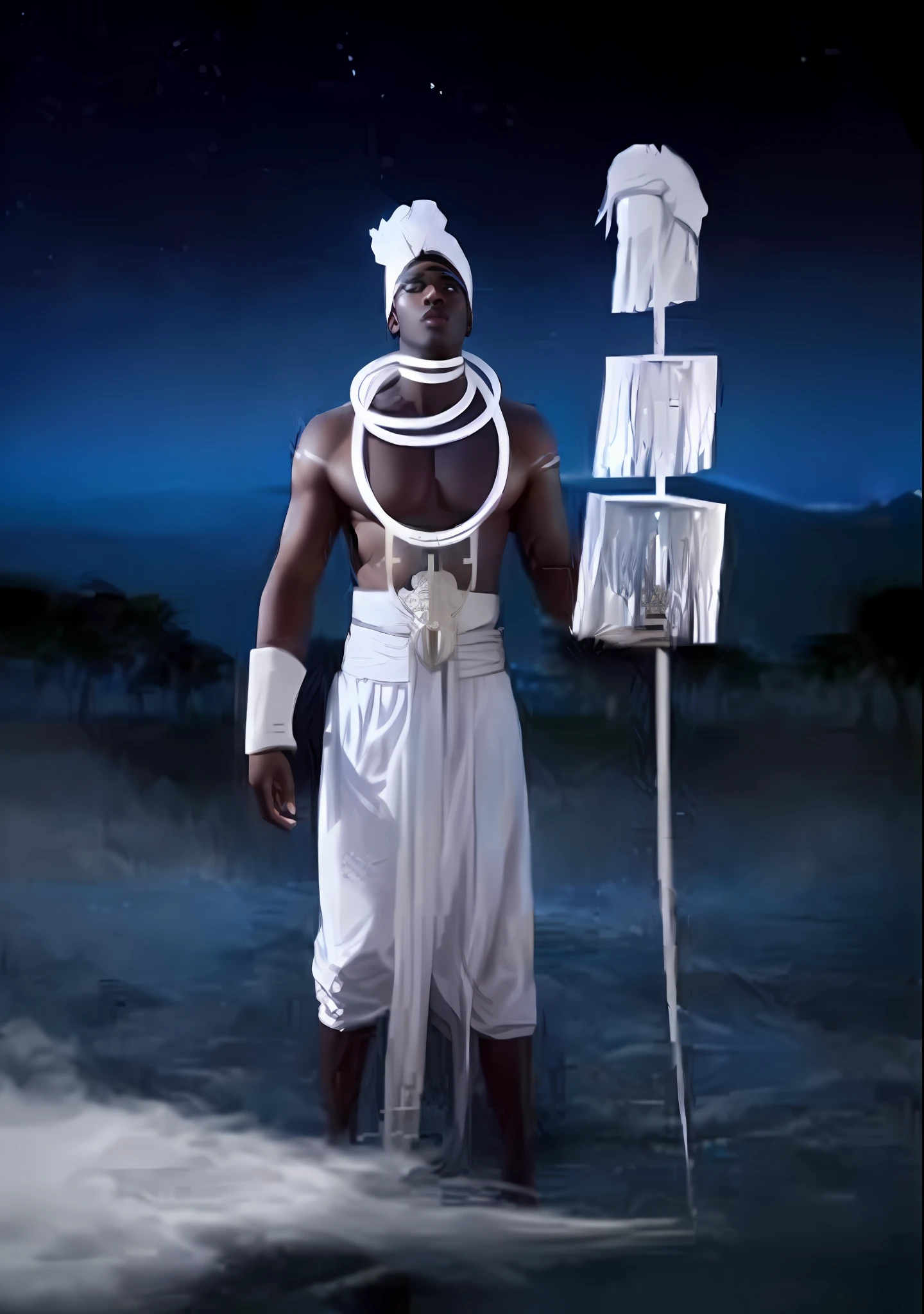 Arafed man in a white dress with a white dove and a white mask, Greek god, Olympian god, greek god, african mythology, afro futurism, the god of music, godess, divine god, portrait of a celestial god, egyptian god of wind, egyptian storm god, moon god, deity