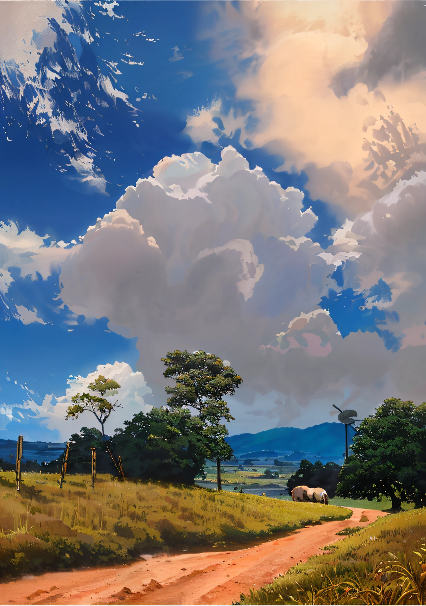 Dirt road painting with cows in the distance, beautiful oil mat painting, ultra-realistic clouds, wlop and rhads, rhads!!!,rhads!, studio ghibli sky, photorealistic landscape, rhads and Thomas Kinkade, surreal landscape, studio ghibli landscape, giant clouds, anime countryside landscape, by rads, summer vacation
