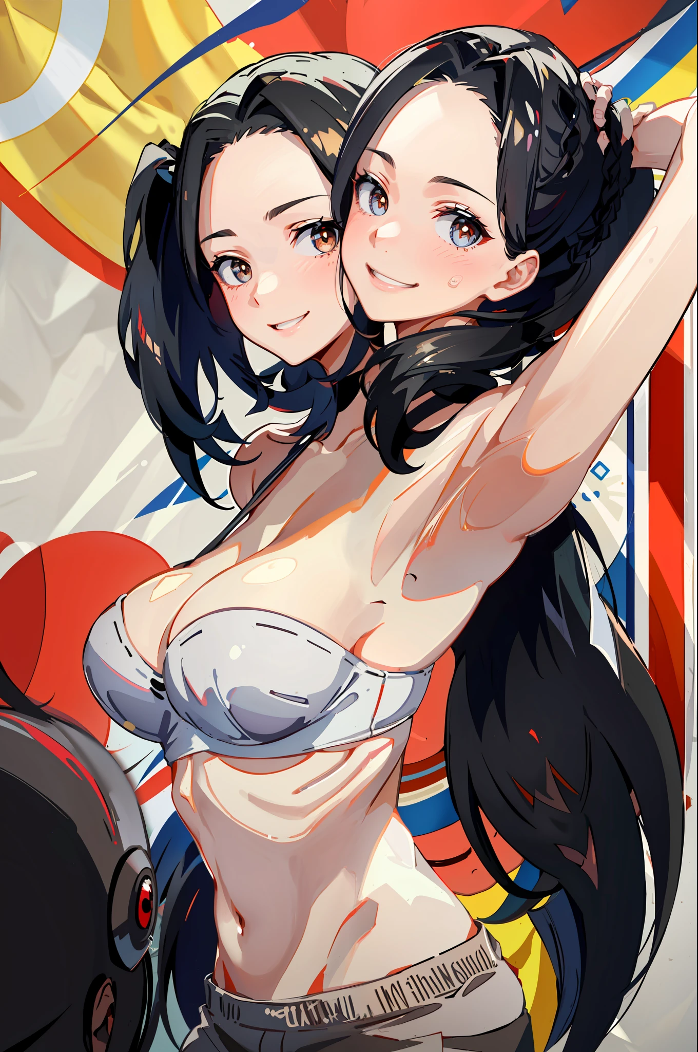 3heads, best quality, masterpiece
3 girls, black hair, identical hair color, same eye color, smiling, running, only wearing bra, sweatpants, outdoors
((three heads, 3head):1.5)
