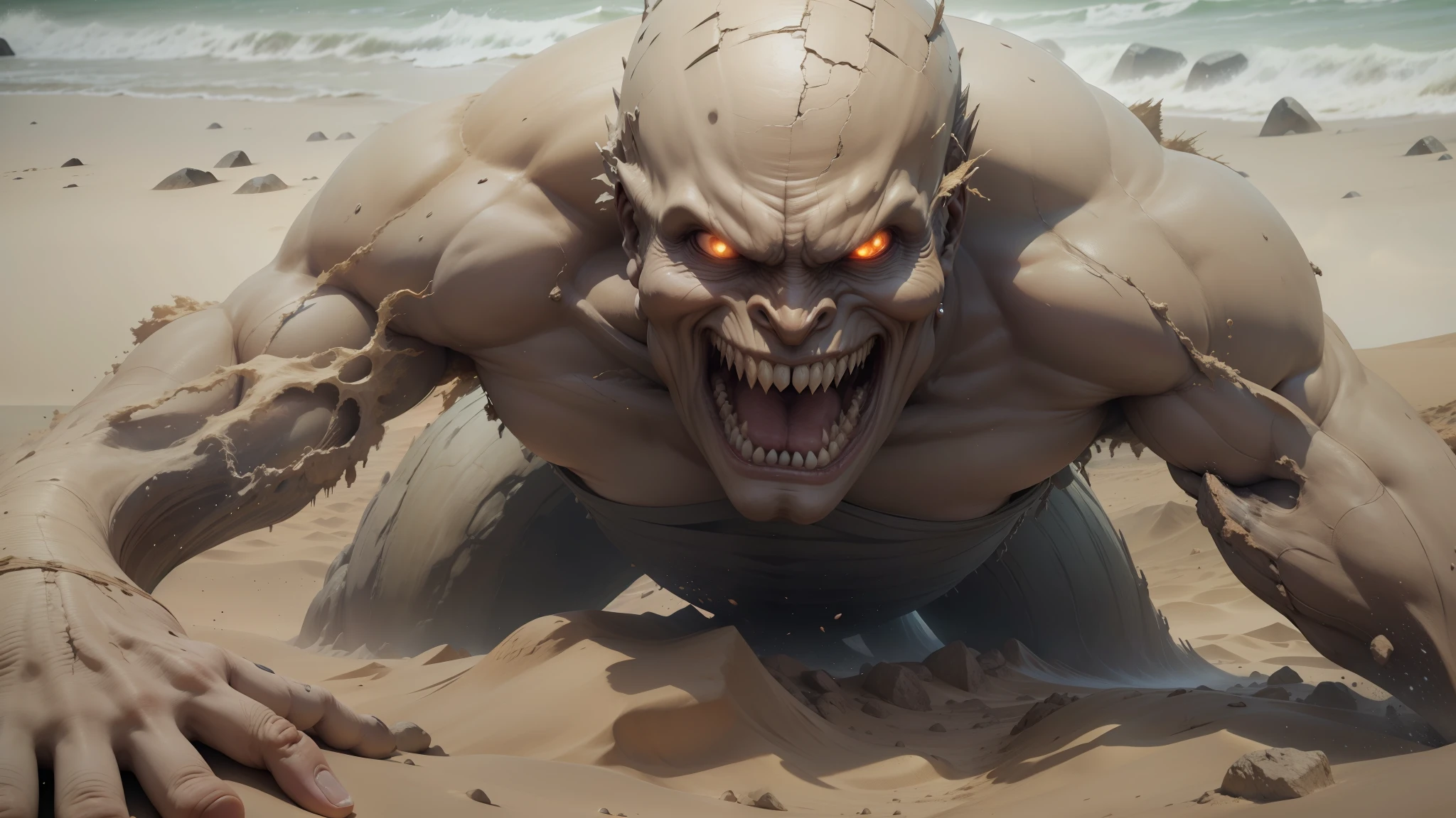 a close up of a creature with a very big head and a big body, key visual of attack on titan, houdini vfx, his body buried in the sand, pulling the move'the banshee ', youtube thumbnail, the artist has used bright, hybrid creature, real-life skin --auto --s2