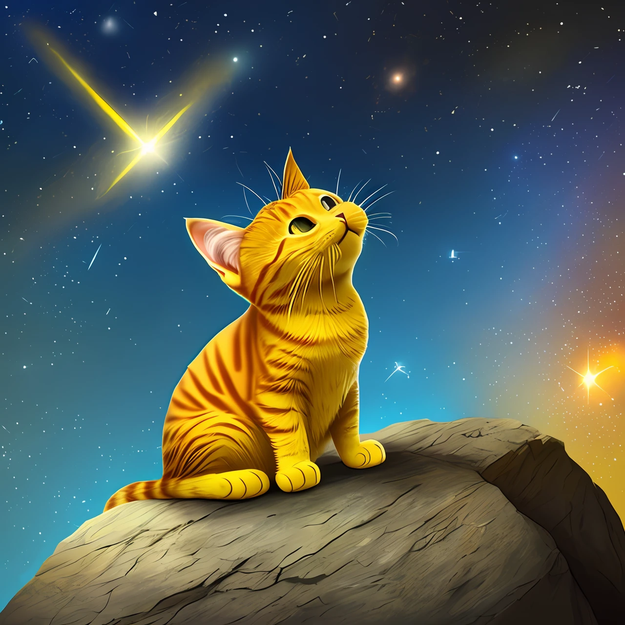 Yellow cat sitting on a rock looking up at the sky with comets falling from the sky