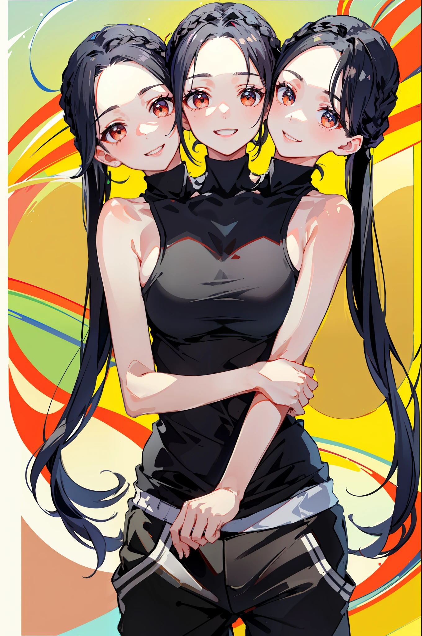 3heads, best quality, masterpiece
3 girls, black hair, identical hair color, smiling, necks side by side, running, tanktop, sweatpants, outdoors
((three heads, 3head):1.5)