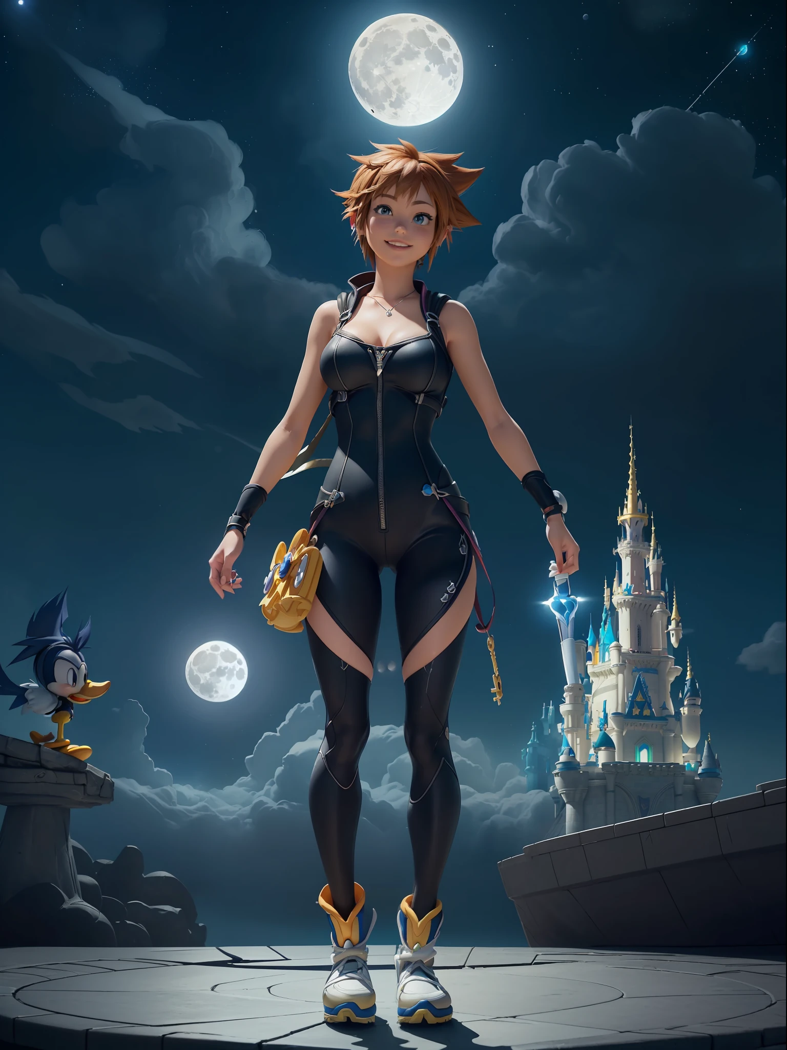 (Full body photo:1.7), (One/Woman/as Sora protagonist of Kingdom Hearts:1.5), (Big breasts:1.7), (Wearing the full outfit of Sora from kingdom hearts/holding the Keblade sword in the shape of a key from the game Kingdom Hearts:1.3), (Looking at the viewer/smiling:1.3), (She's next to Donald Duck and Goofy:1.7), (She's in a magical/night/full moon city in the sky:1.7), (She has Sora's hair from kingdom hearts: 1.5), (blue eyes: 1.5), (extremely tight body suit: 1.7), (doing sexy standing poses: 1.2), (Kingdom Hearts, award-winning, UHD, anime, high detail, 16k, high quality, masterpiece)