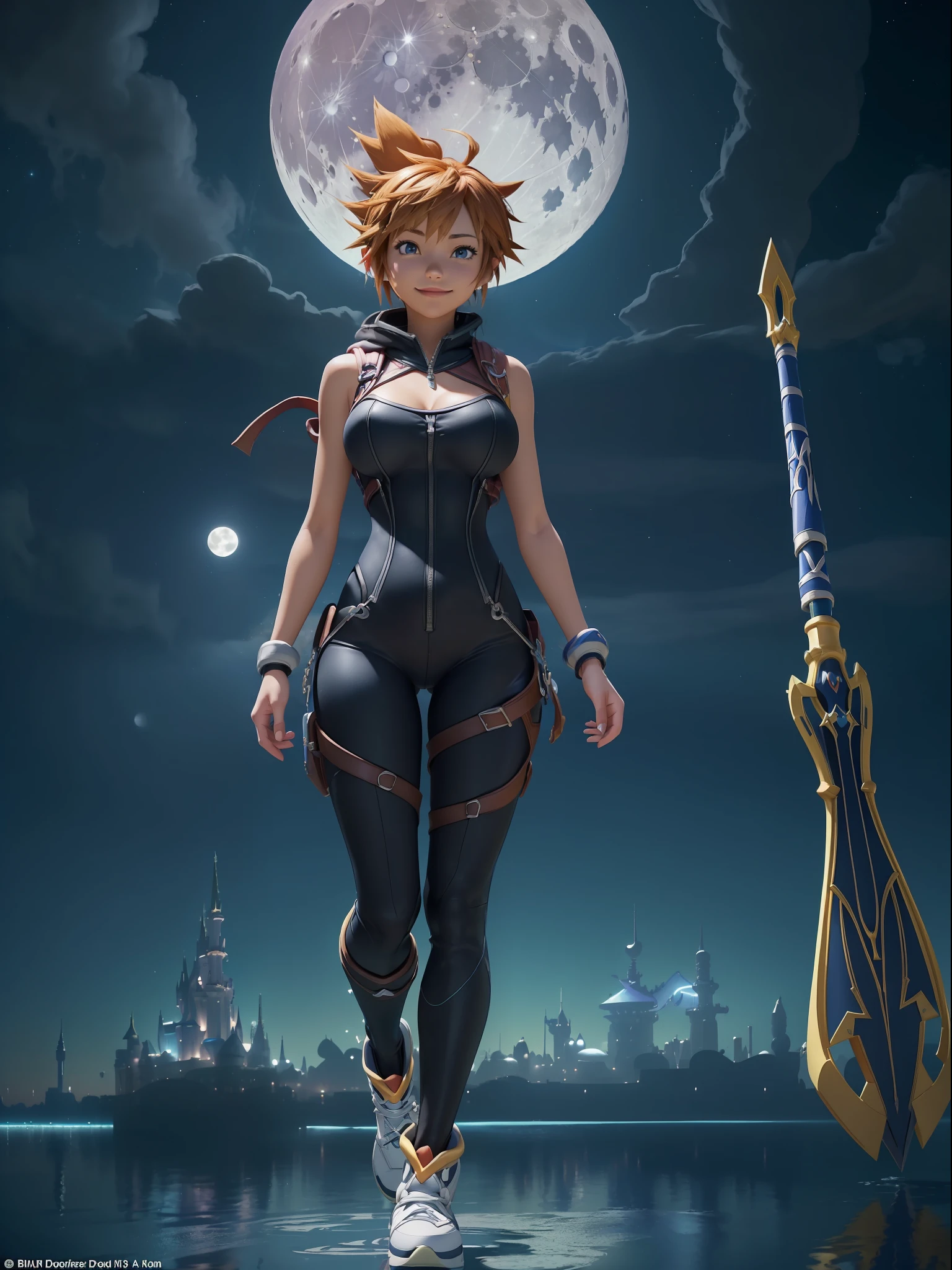 (Full body photo:1.7), (One/Woman/as Sora protagonist of Kingdom Hearts:1.5), (Big breasts:1.7), (Wearing the full outfit of Sora from kingdom hearts/holding the Keblade sword in the shape of a key from the game Kingdom Hearts:1.3), (Looking at the viewer/smiling:1.3), (She's next to Donald Duck and Goofy:1.7),  (She's in a magical/night/full moon city in the sky:1.7), (She has Sora's hair from kingdom hearts: 1.5), (blue eyes: 1.5), (extremely tight body suit: 1.7), (doing sexy standing poses: 1.2), (Kingdom Hearts, award-winning, UHD, anime, high detail, 16k, high quality, masterpiece)