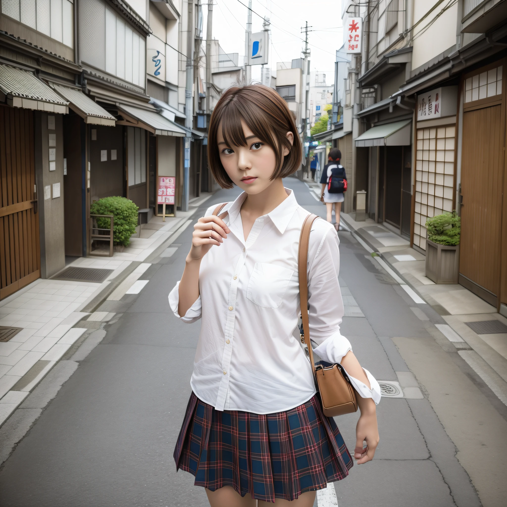 Japan Woman High School Girl Slender Short Cut Brown Hair Street Corner