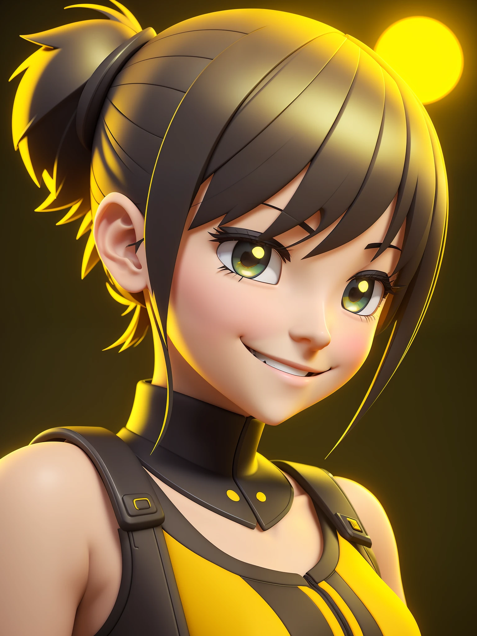 Young girl, a cartoon character dark yellow outfit, expression with ((melancholic smile)), (hair up to shoulder), stylized character, animation character, stylized 3d render, 3d character, highly detailed character, stylized anime, stylized 3d, render character, character model, close up, maximum quality