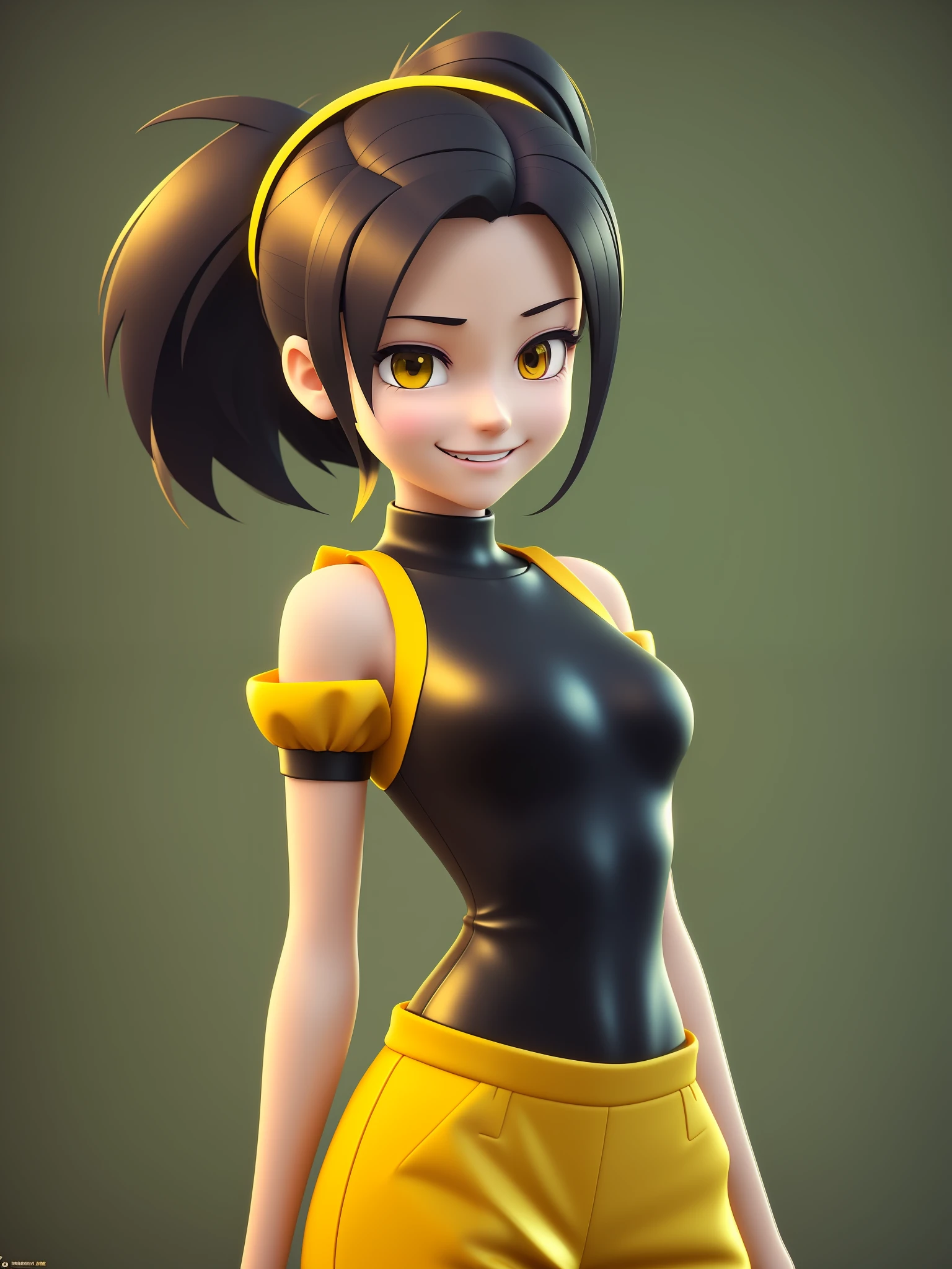 Young girl, a cartoon character dark yellow outfit, expression with ((melancholic smile)), (hair up to shoulder), stylized character, animation character, stylized 3d render, 3d character, highly detailed character, stylized anime, stylized 3d, render character, character model, close up, maximum quality