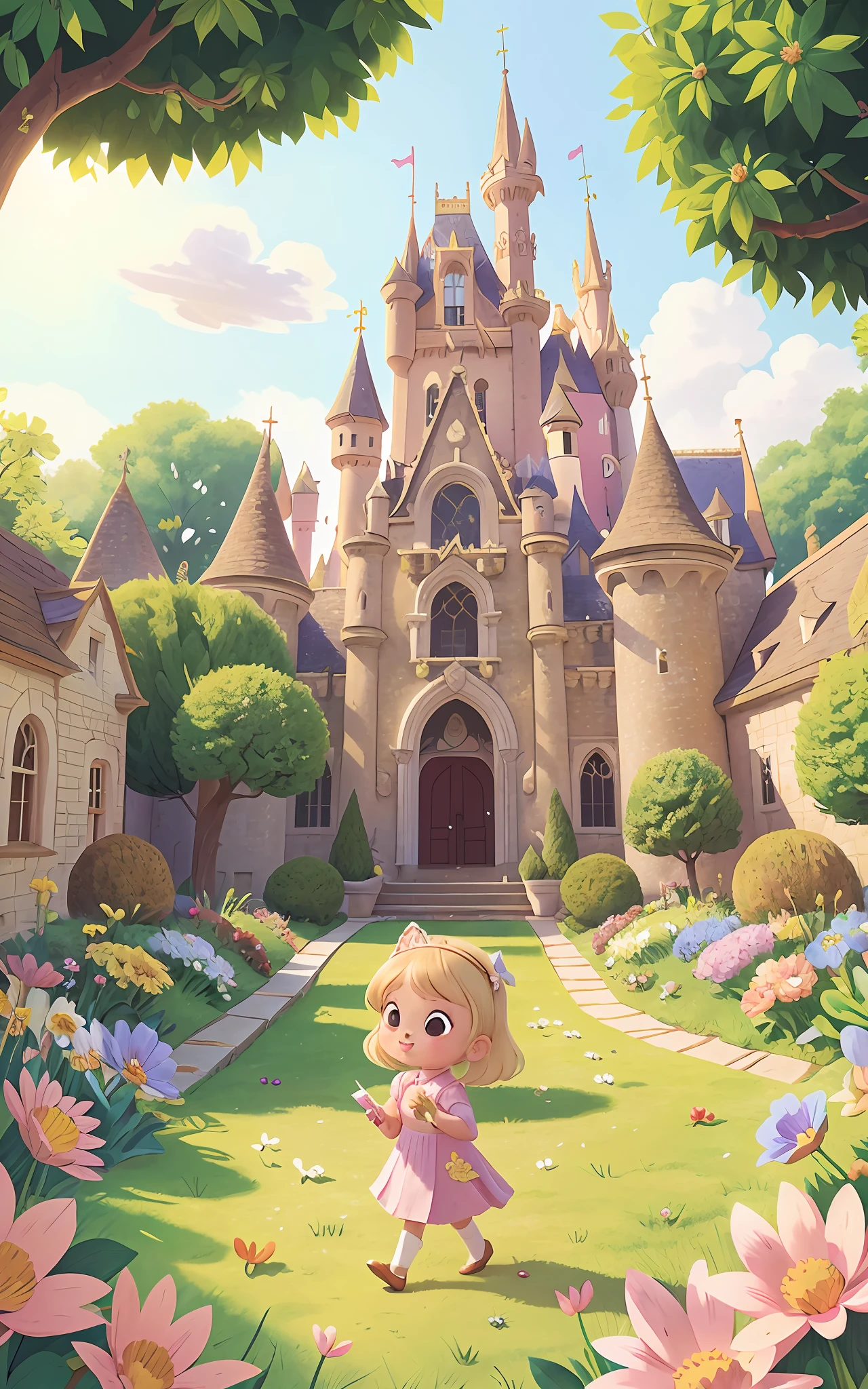 5-year-old girl, blonde, dressed as a princess, in front of an old castle, strolling in a flower garden, drawing type comics, comics, children's literature.